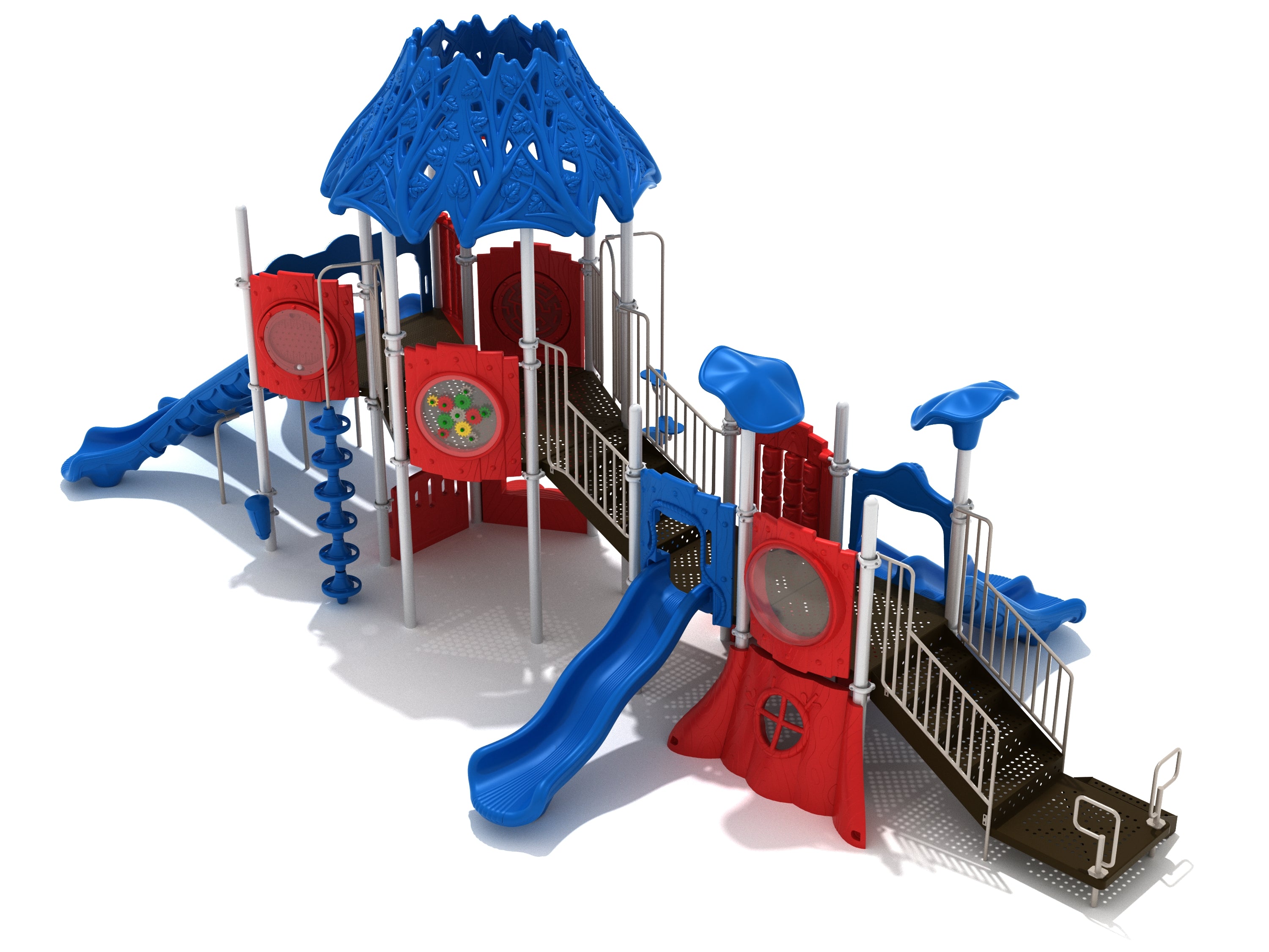Colorful playground with blue slides, red activity panels, climbing elements, shaded canopy, and interactive game panels