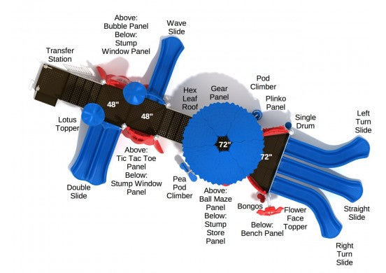 Overhead view of large blue playground with multiple slides, climbers, interactive panels, and play features for children