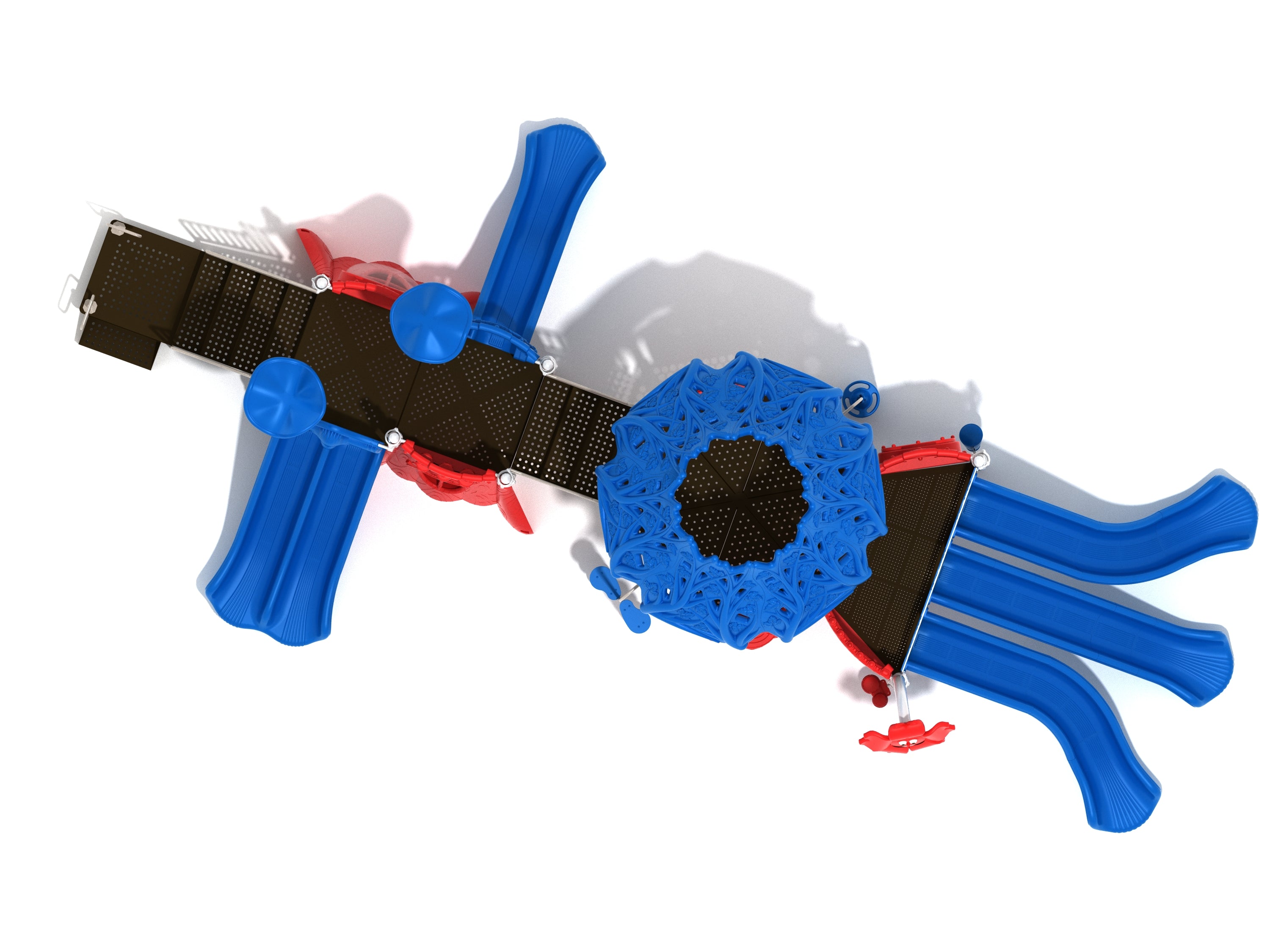 Overhead view of large playground with multiple blue slides, red climbing elements, black platforms, and interactive play panels