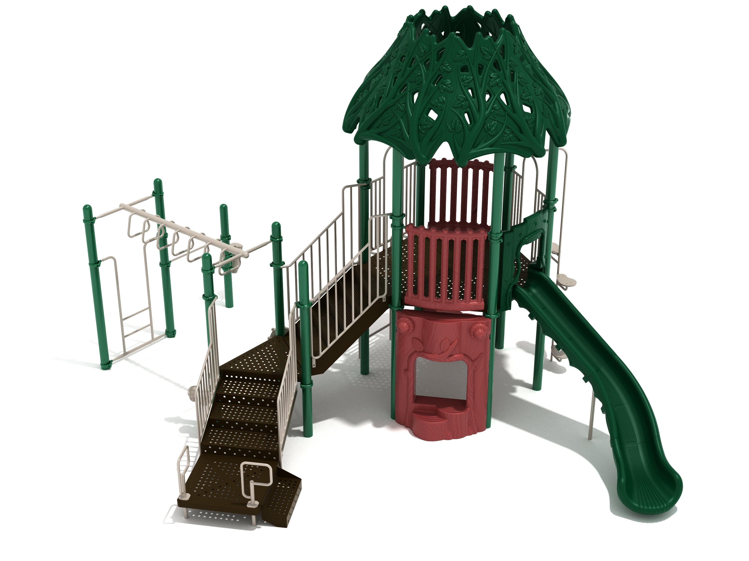 Hippo Harbor Playground with hex leaf roof, right-turn slide, monkey bars, stairs, and stump window panel in tree-themed design