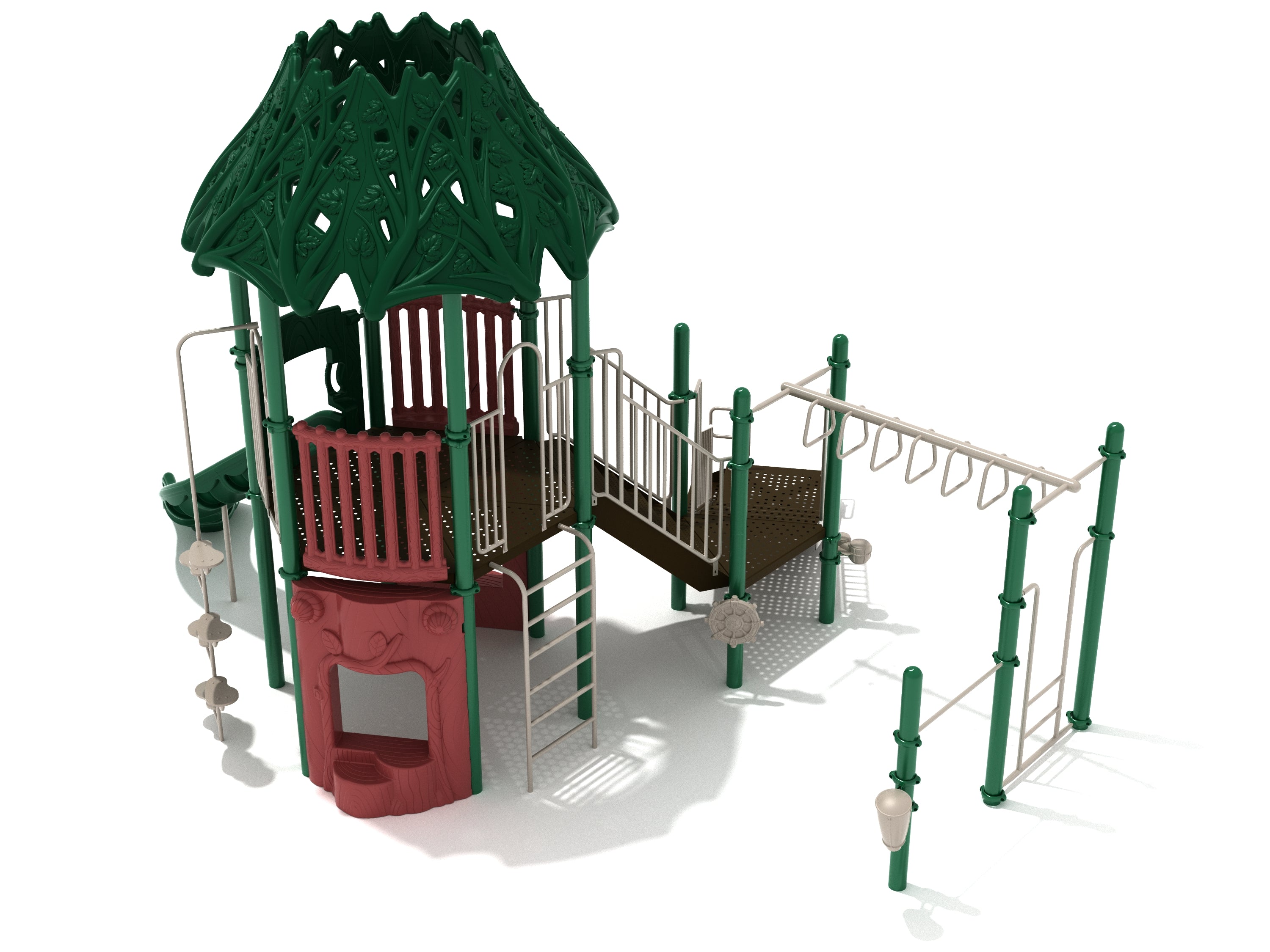 Elevated hexagonal playground deck with leaf-patterned roof, climbing ladders, trapezoid loop ladder, pull-up bar, and slide