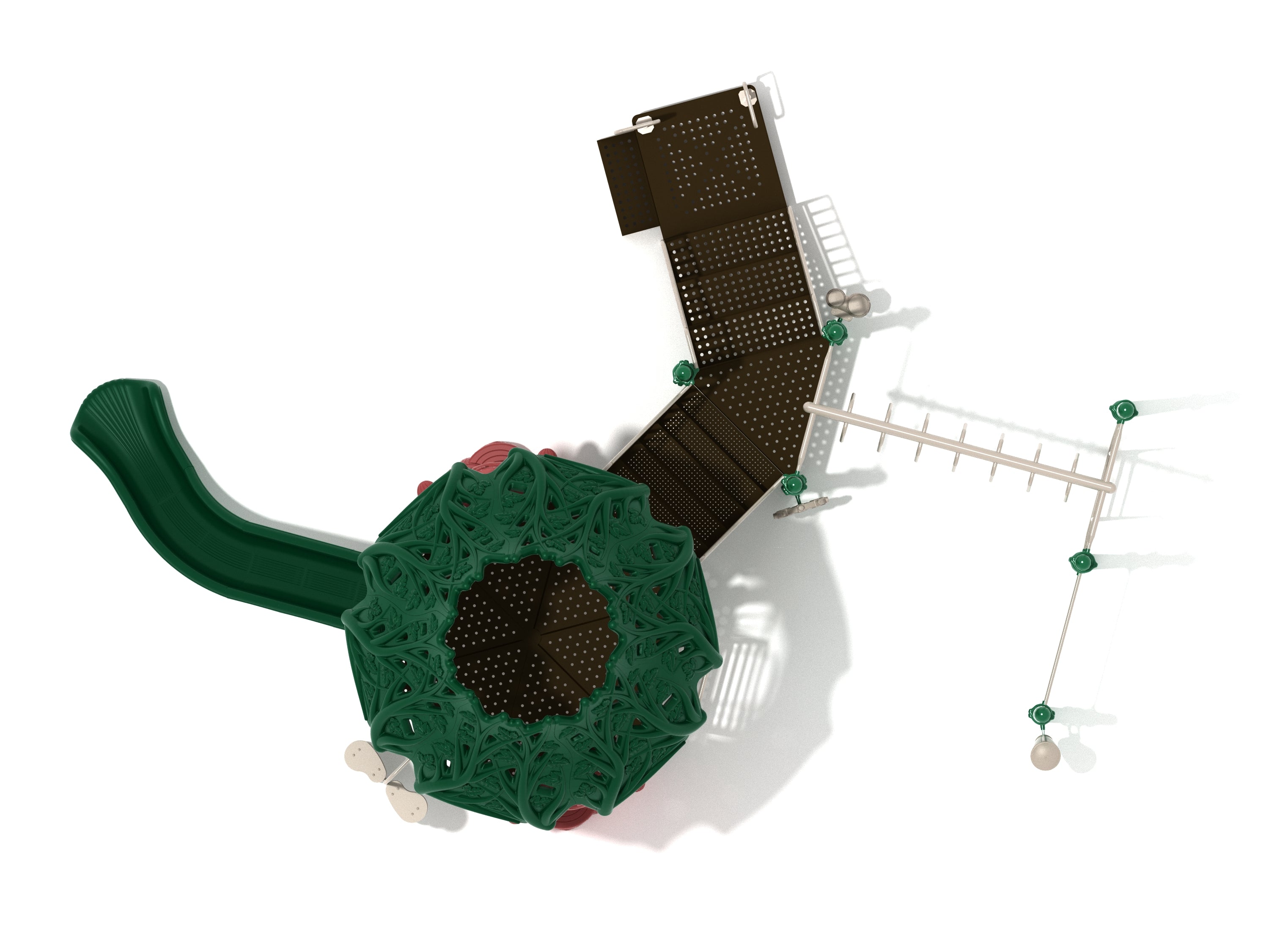 Overhead view of a hexagonal playground deck with green leaf-patterned roof, slide, ladders, and climbing bars