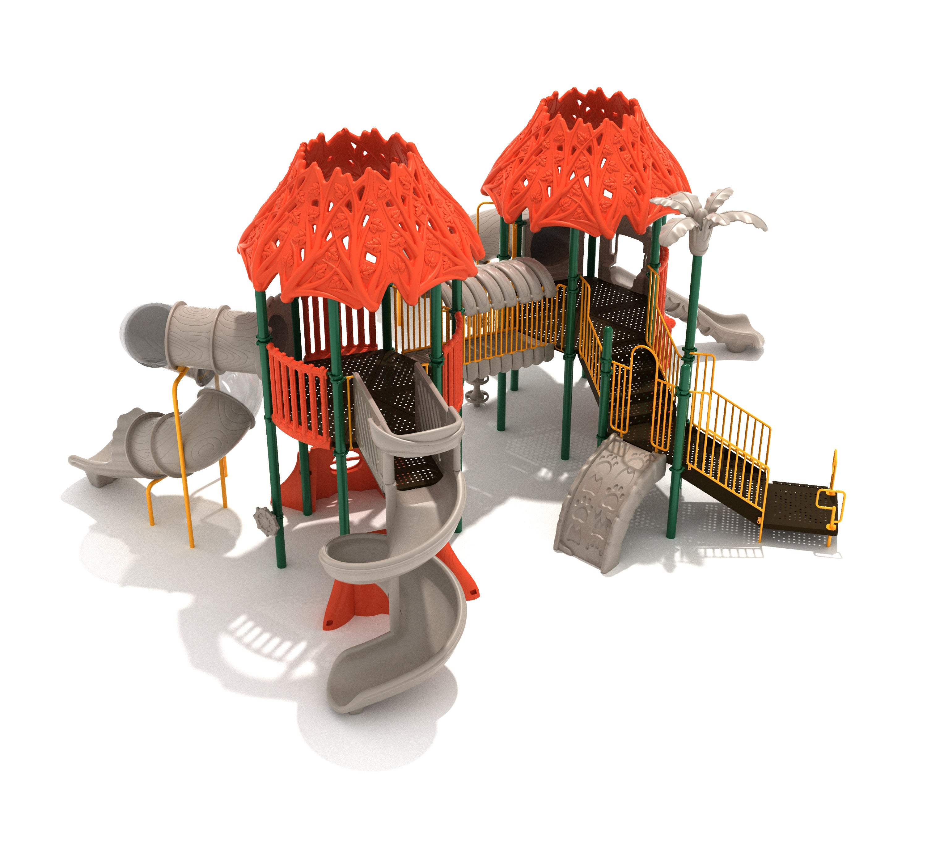 Spinning Spider Playground with two red hex leaf roofs, four slides including corkscrew and tube, yellow railings, bamboo panel barriers, and climbing features