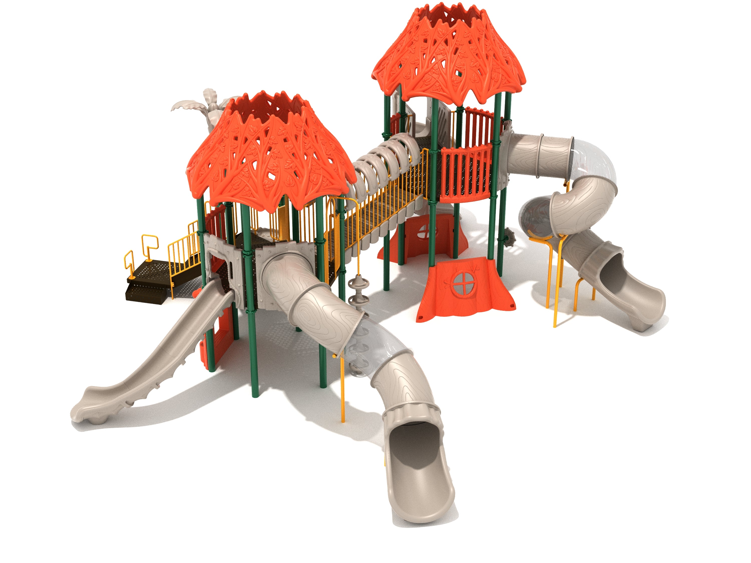 Playground structure with two orange hex leaf roofs, four beige slides including corkscrew and open designs, connected by a covered bridge