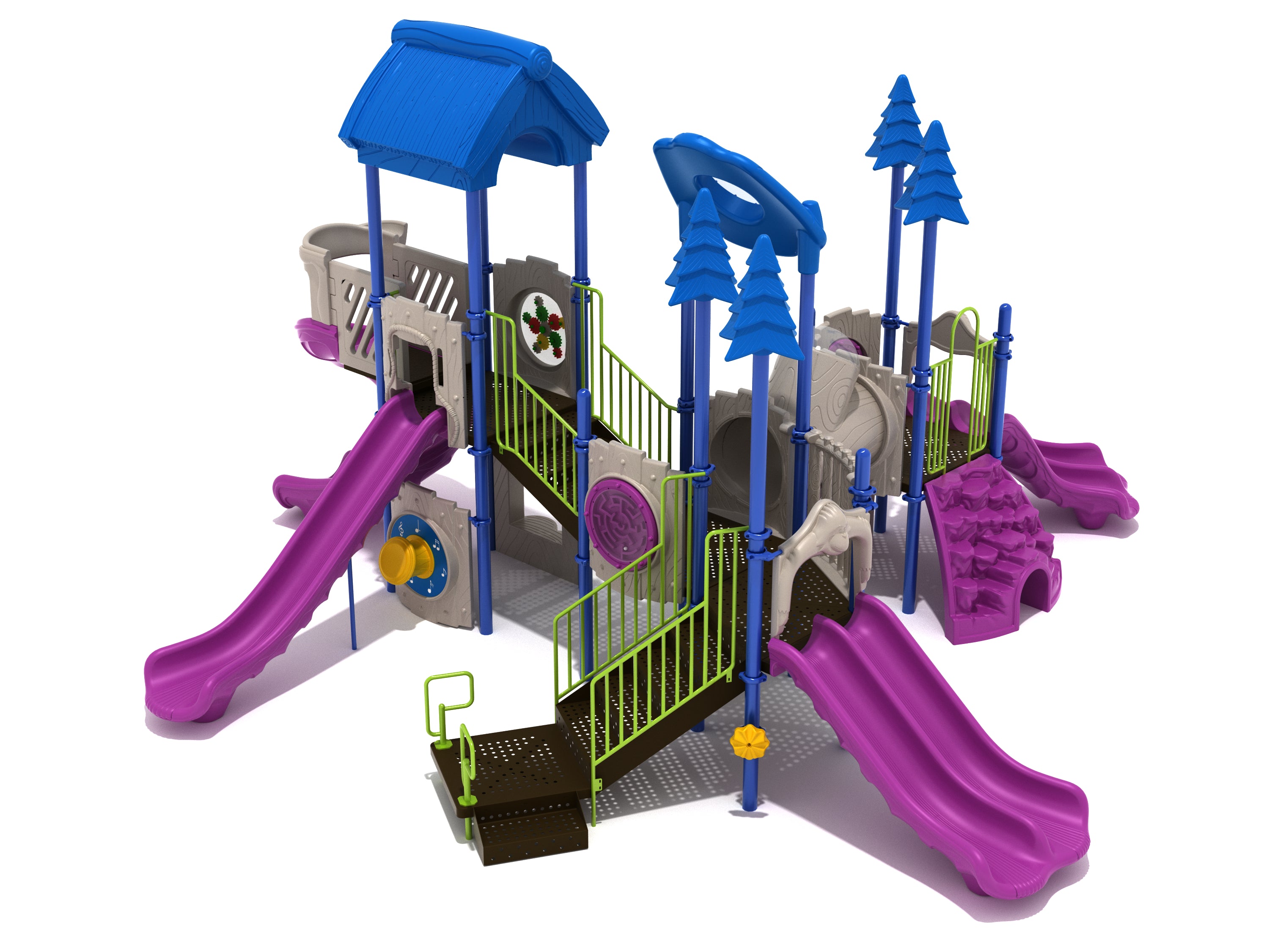 Colorful playground structure with six slides, blue tree-shaped posts, green railings, interactive panels, and a tube bridge.