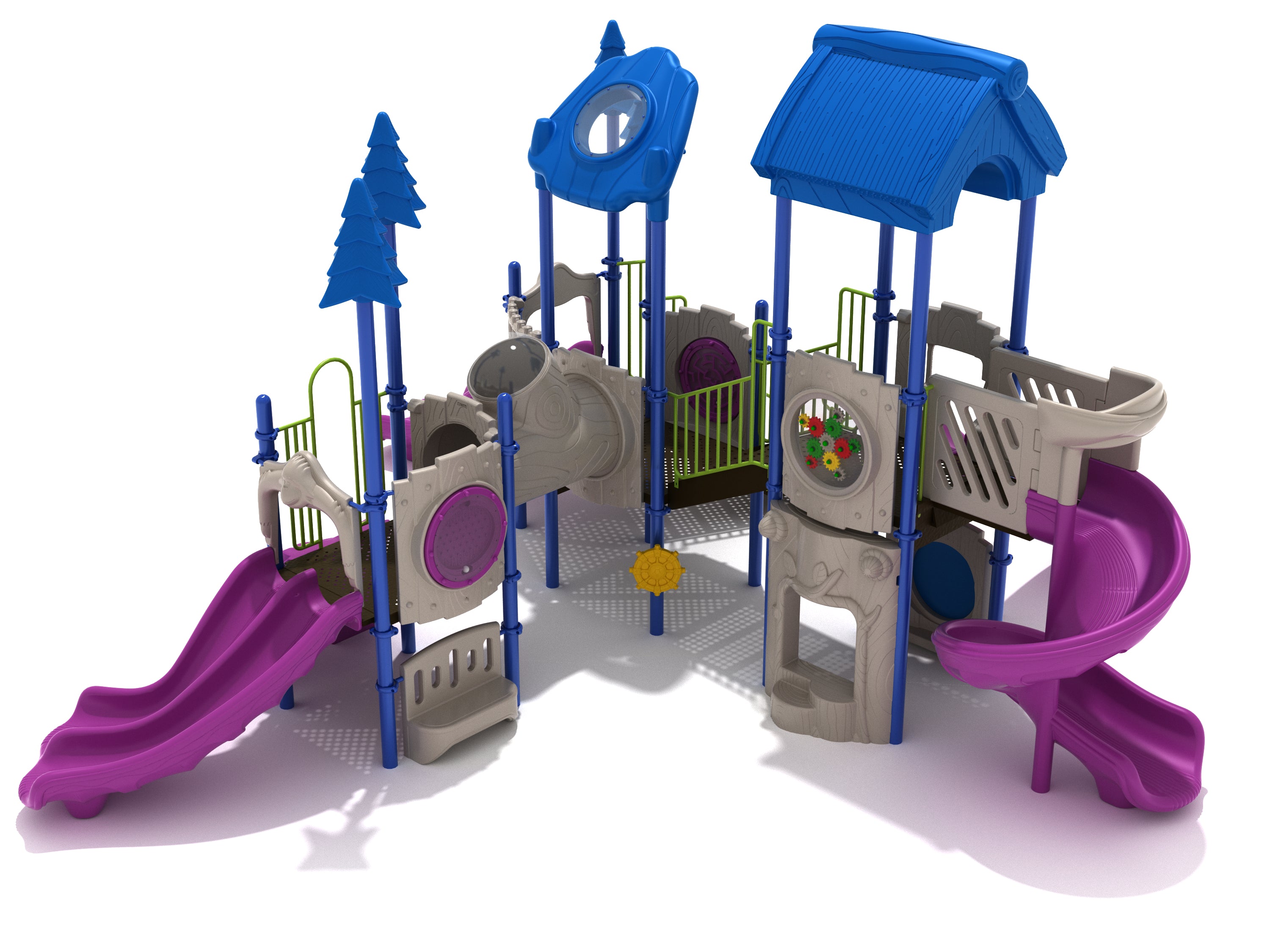Banana Bonanza Playground with blue roofs, six slides including spiral and double slides, tube bridge, climbing features, and interactive panels