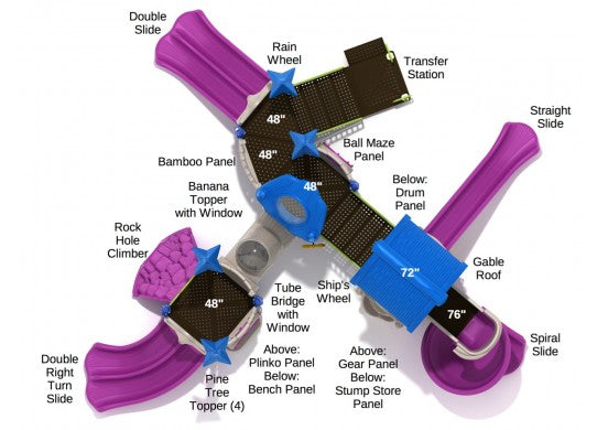 Overhead view of colorful playground with multiple slides, climbers, bridges, and interactive activity panels