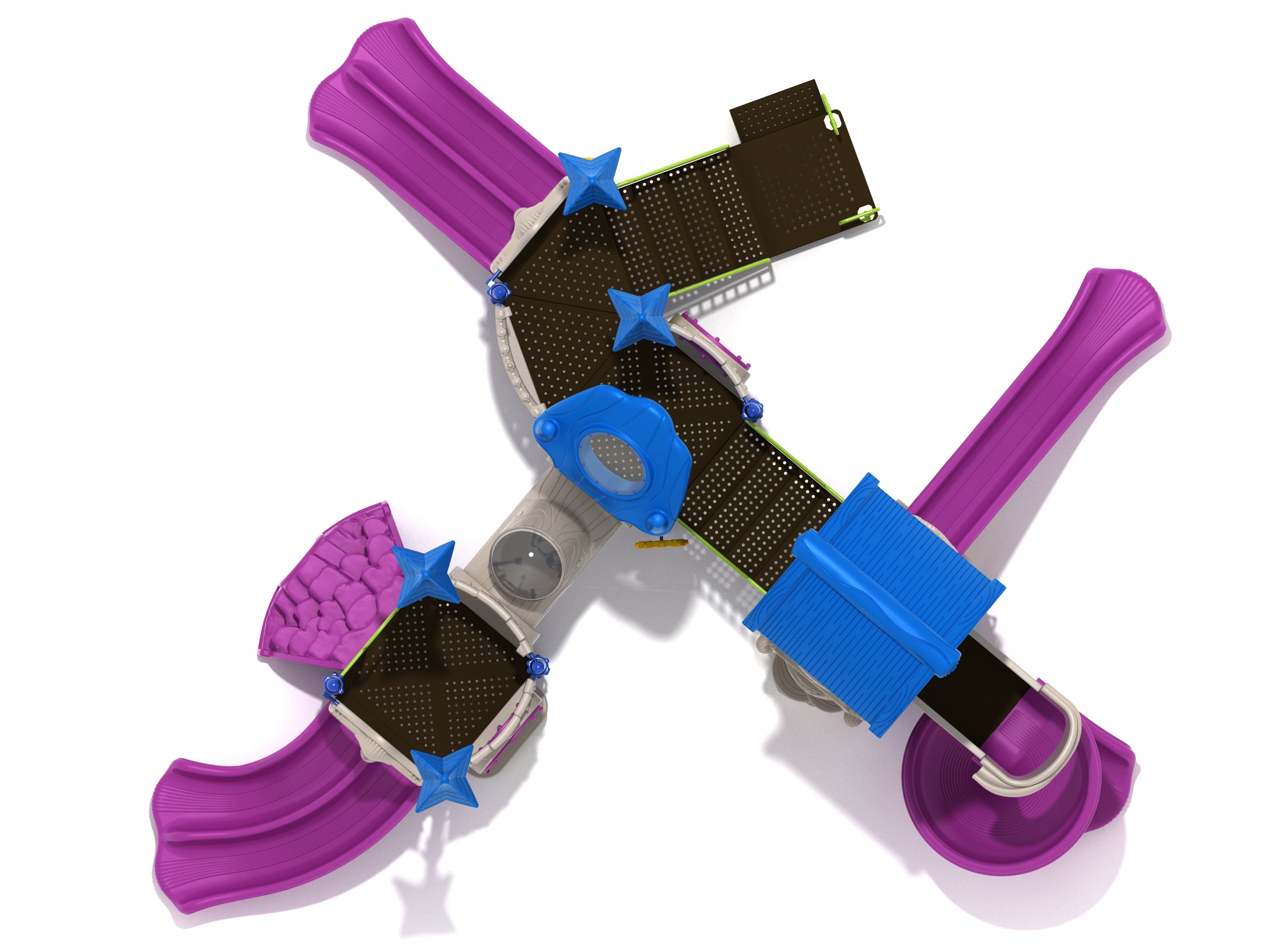 Overhead view of colorful playground with multiple purple slides, blue roofs, connecting platforms, and climbing features