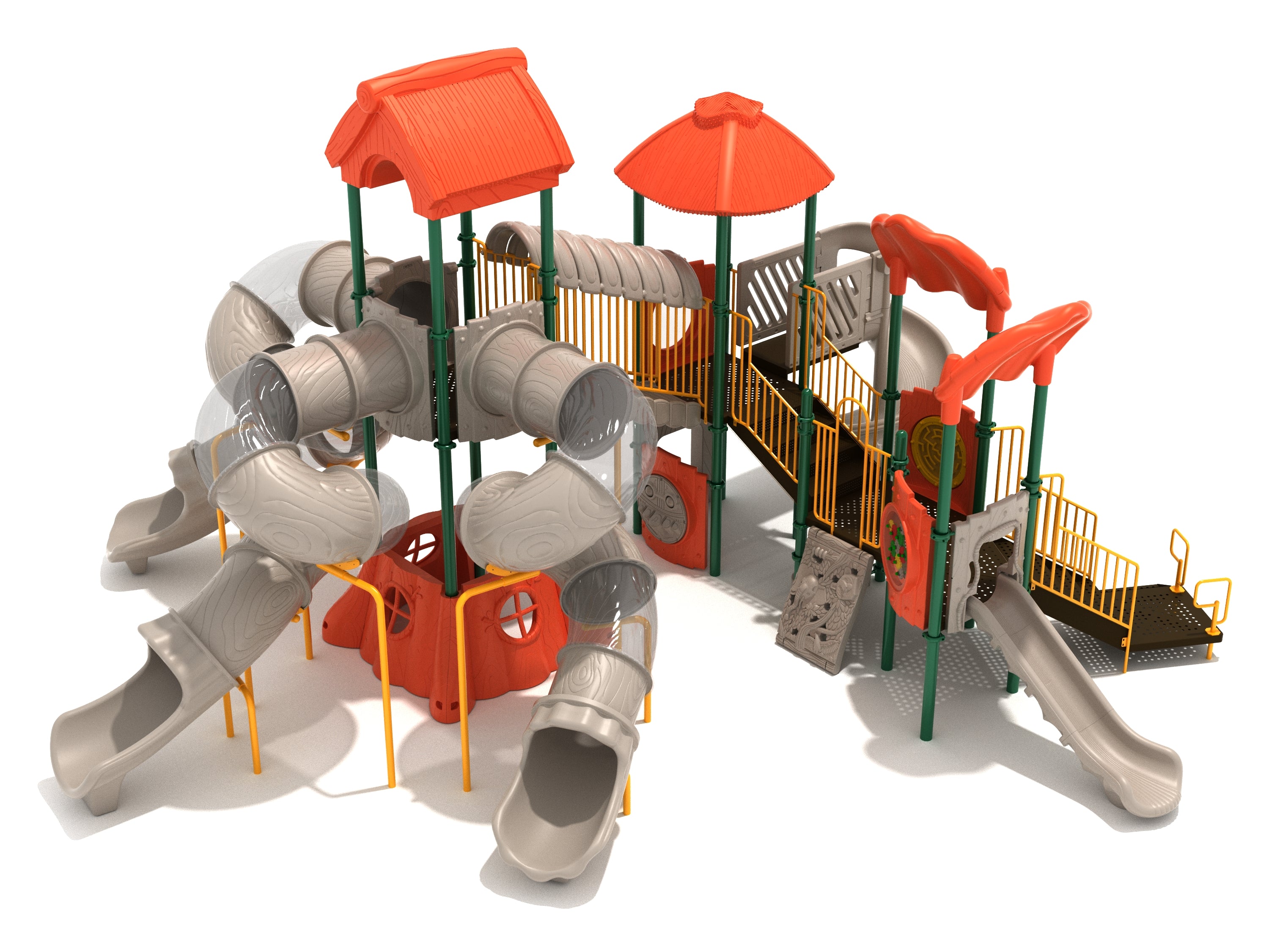 Large playground structure with beige spiral tube slides, orange roofs, green supports, yellow railings, and multiple play features