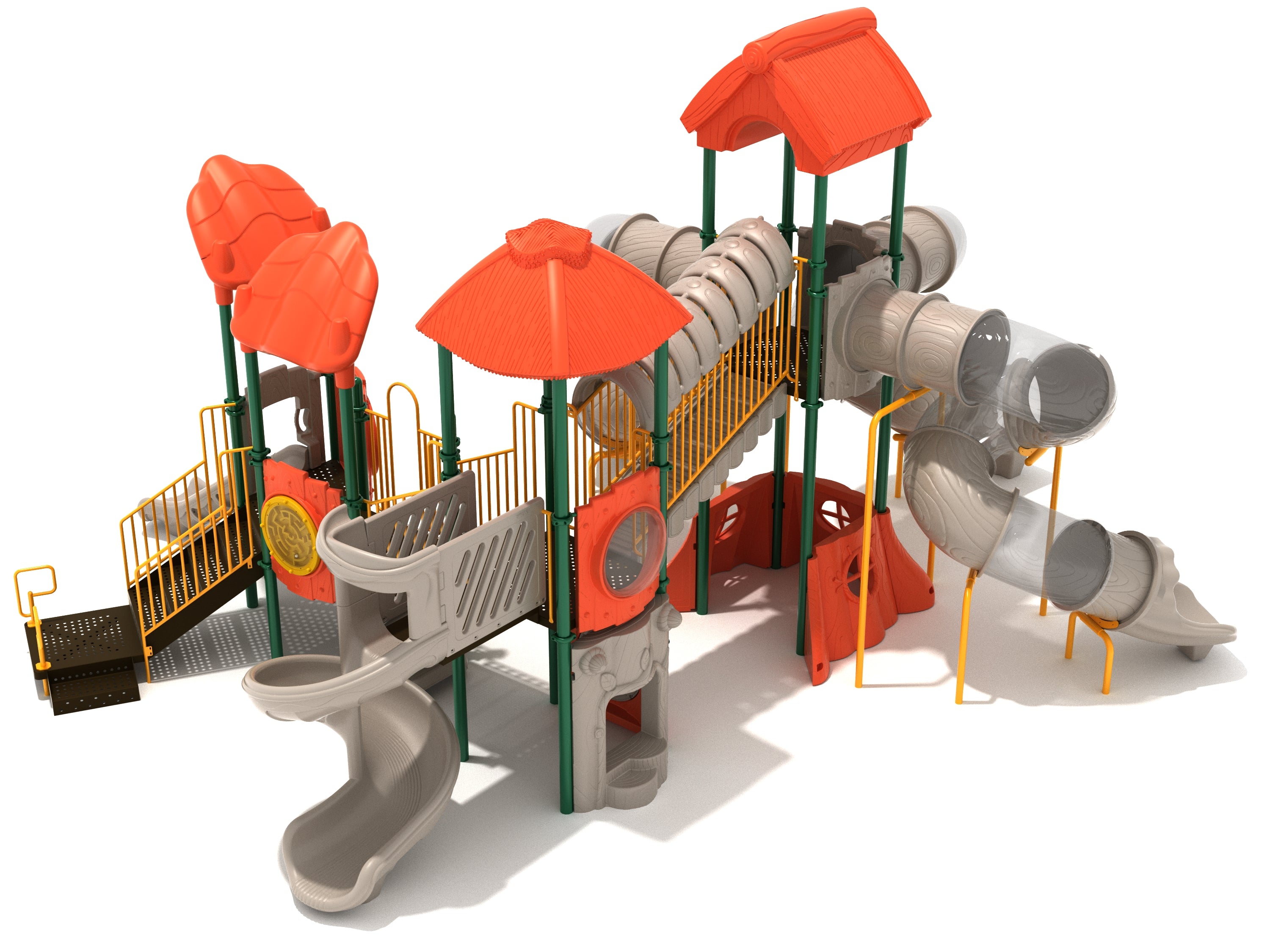 Colorful playground structure with multiple slides, tube tunnels, climbing panels, and orange roofs