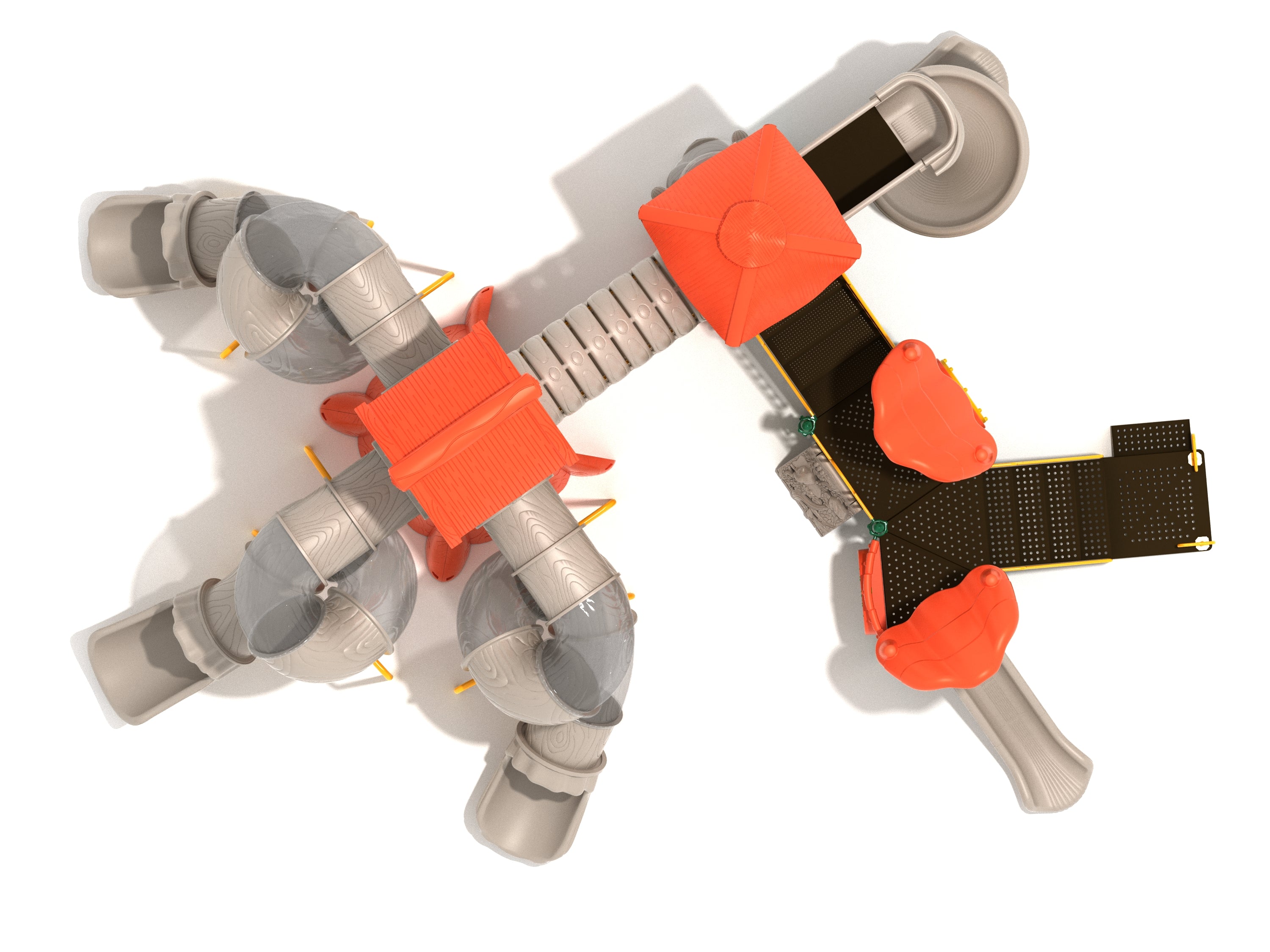 Overhead view of a large playground structure with multiple spiral tube slides, platforms, and connecting bridges in neutral and orange colors