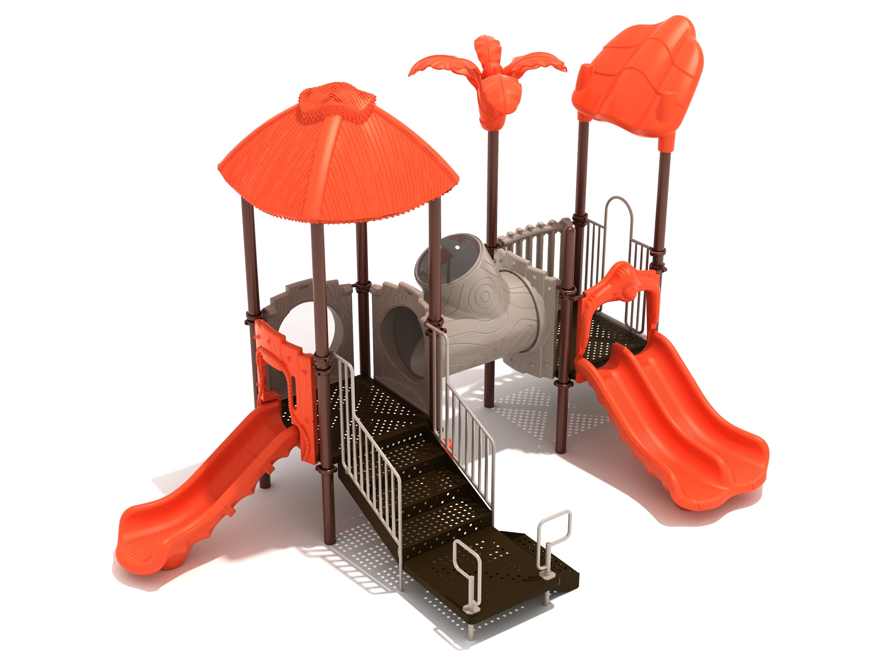Elevated jungle-themed playground with orange slides, tube bridge with window, palm tree topper, and 3D leaf and elephant climbing panel
