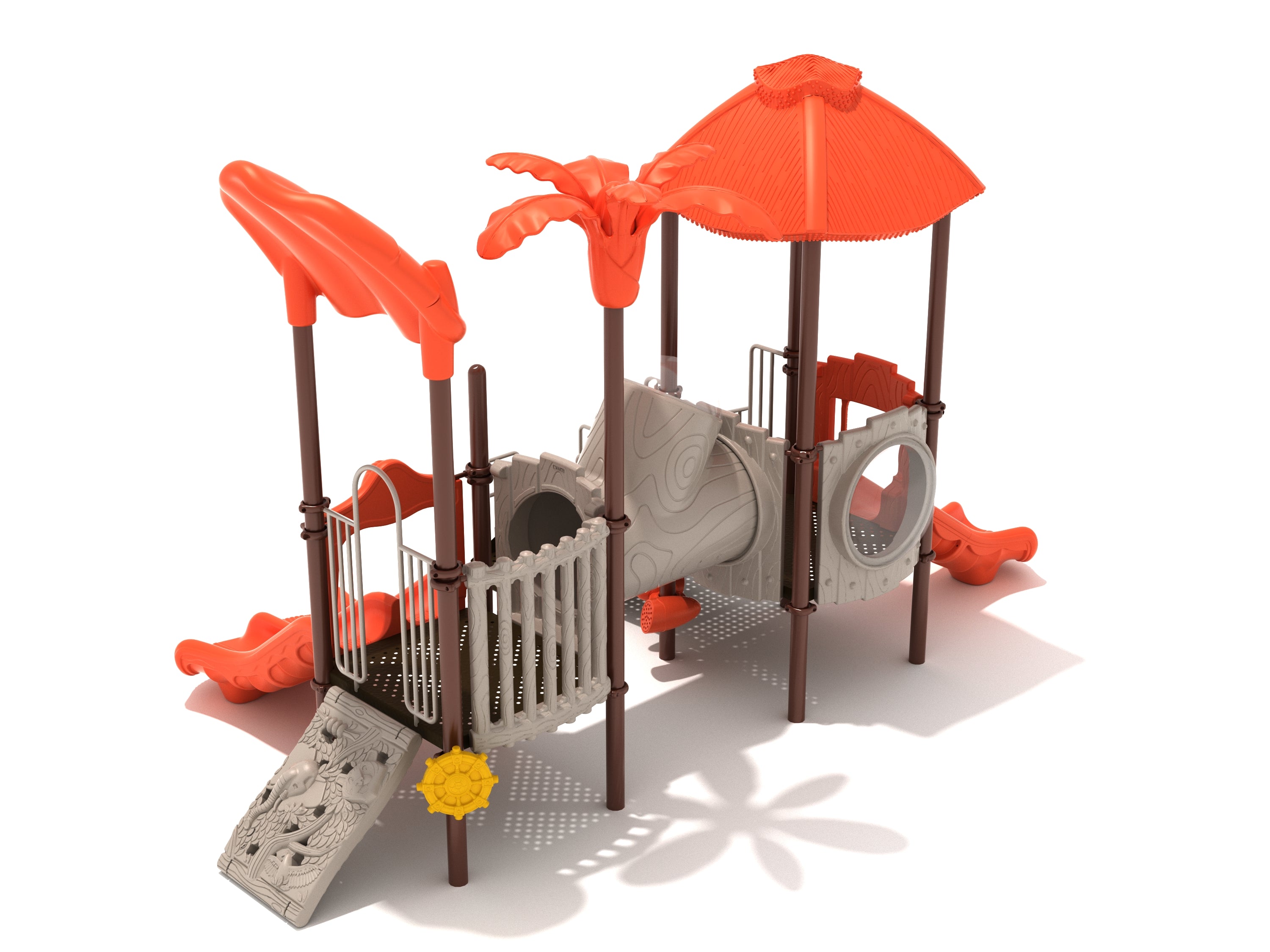 Elevated playground with two platforms connected by a tube bridge, orange slides, palm tree canopy, and jungle-themed climbing panel.