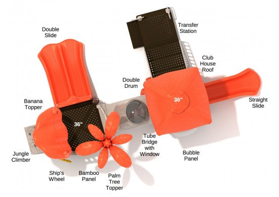 Overhead view of a large playground with orange slides, tube bridge with window, palm tree topper, and 3D jungle climber panel