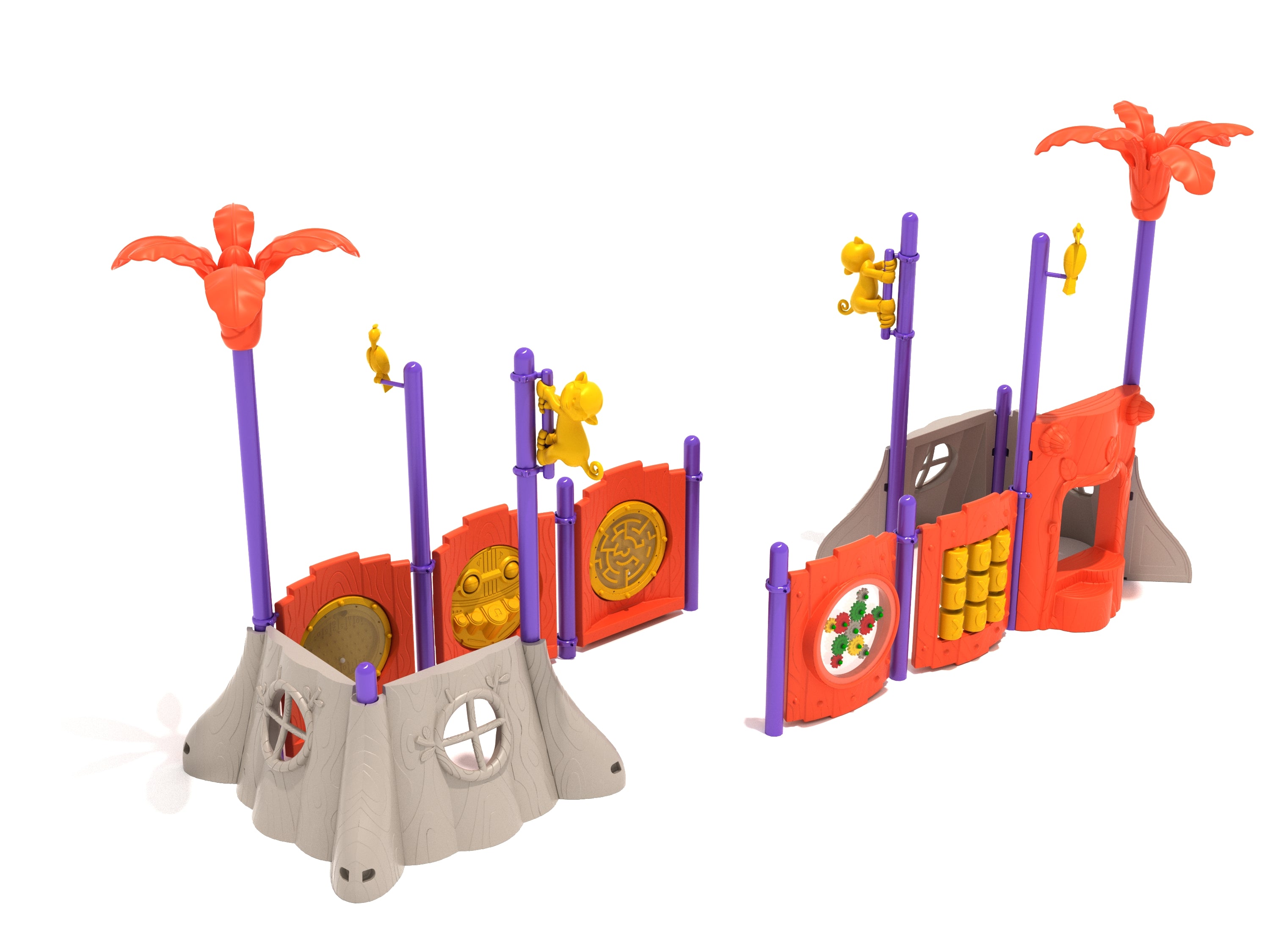 Colorful jungle-themed playground panels with interactive games, purple poles, orange palm tree toppers, and yellow animal figures