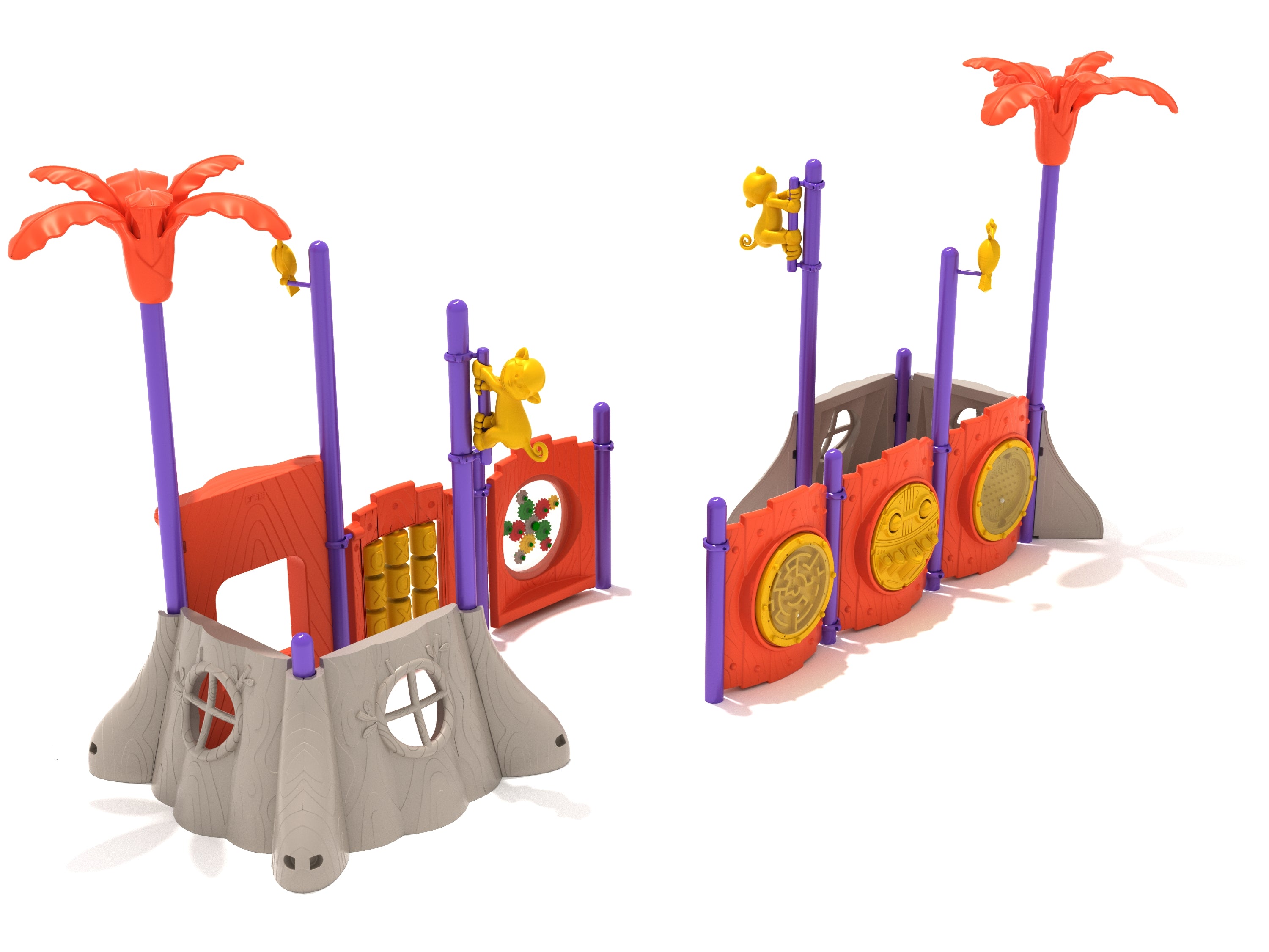 Jungle-themed playground with palm tree toppers, interactive panels including percussion, ball maze, tic-tac-toe, and monkey and parrot figures on purple poles.