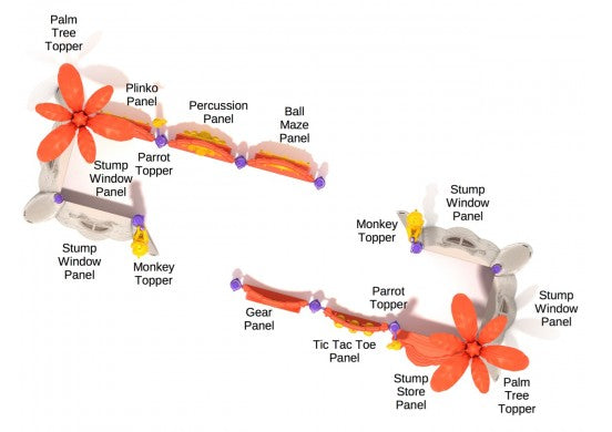 Overhead view of a colorful jungle-themed playground with palm tree toppers, animal figures, and interactive play panels.