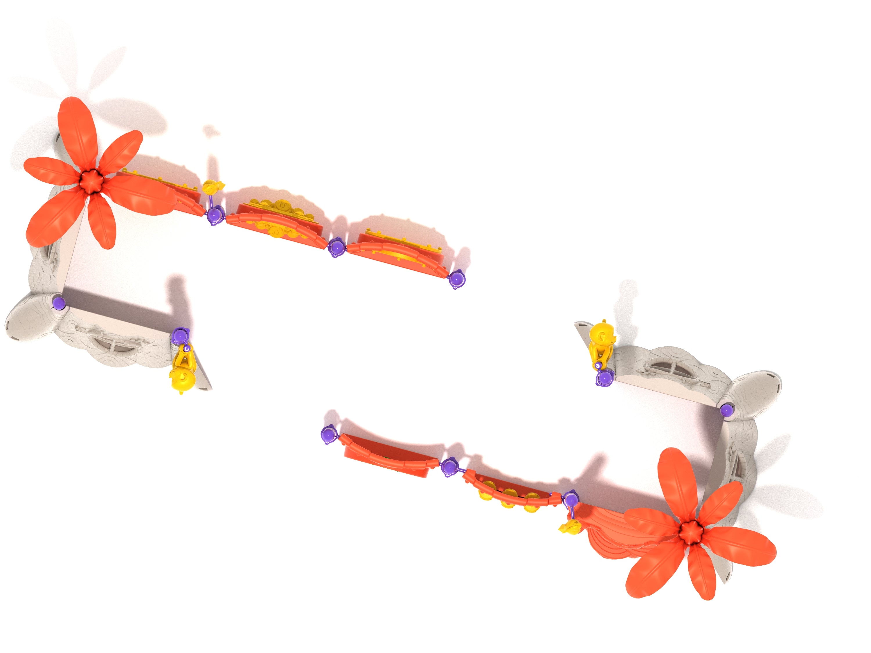 Overhead view of jungle-themed playground with orange palm tree toppers, yellow animal figures, and interactive play panels including percussion and maze features