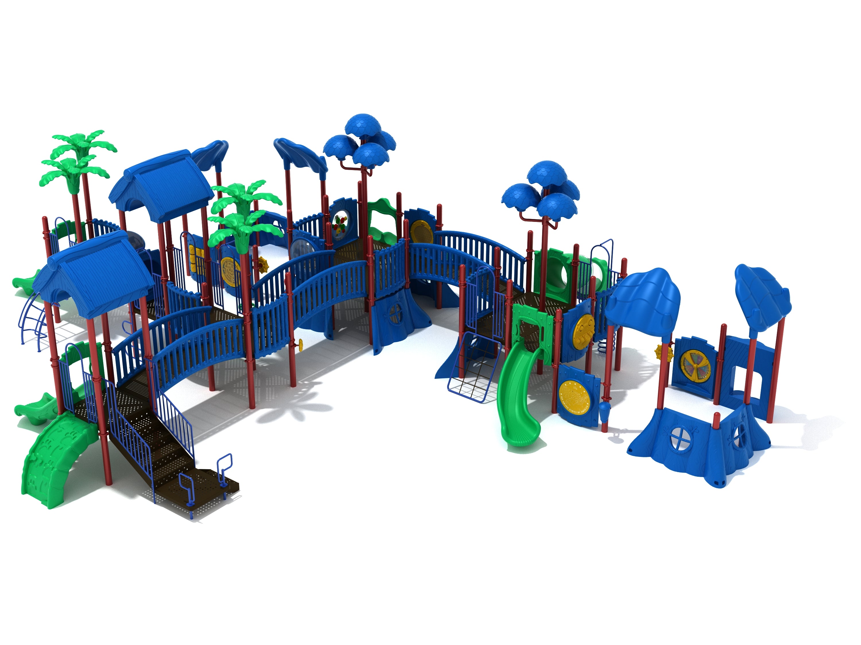Amazing Antelope Playground large play system with blue and green slides, climbers, bridges, and tree-shaped canopies