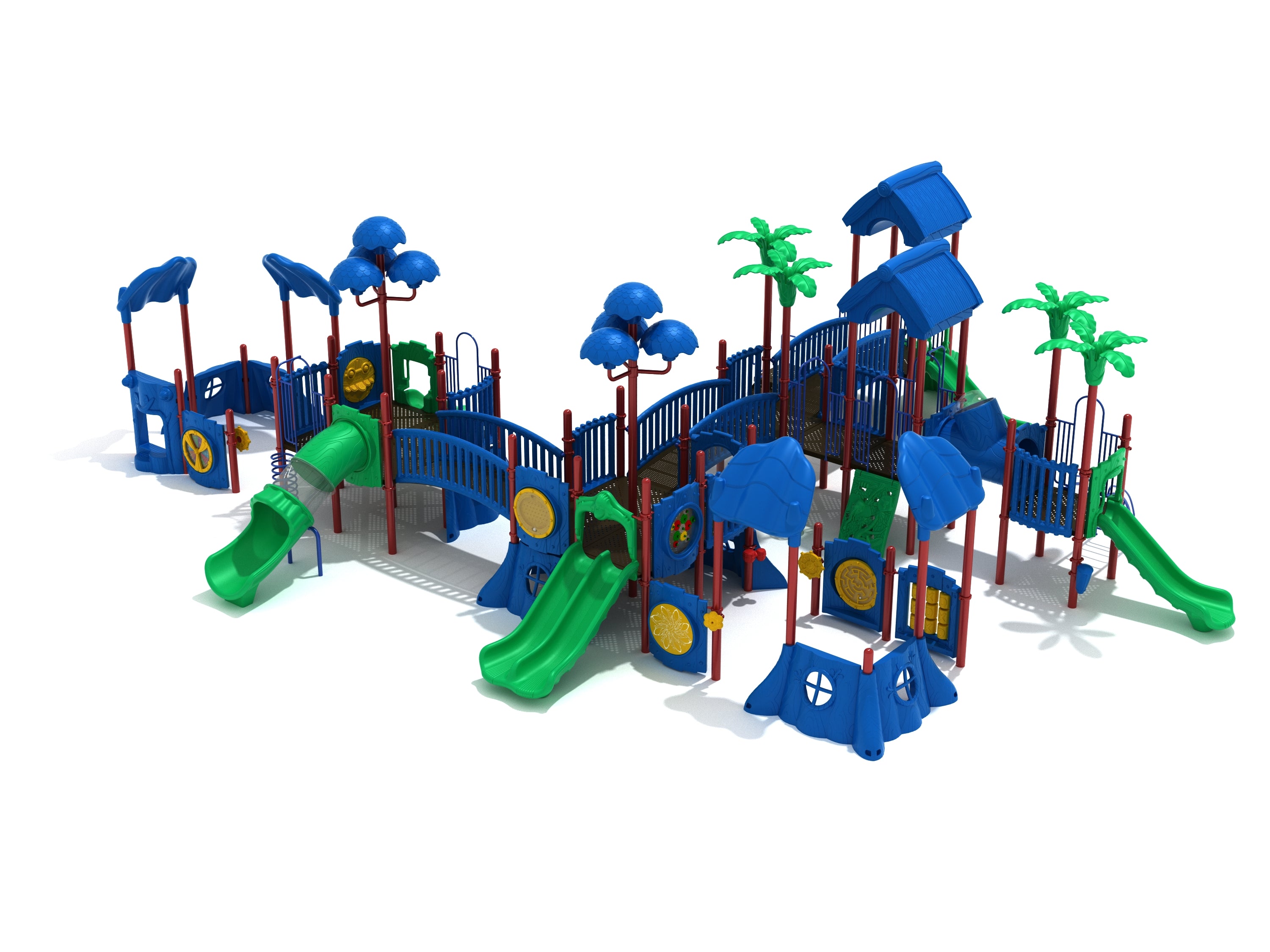 Large commercial playground with blue-green palm-themed roofs, multiple slides, climbers, bridges, and interactive play panels.