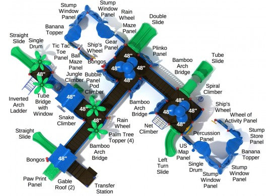 Overhead view of large playground with multiple slides, climbers, arch bridges, play panels, and palm tree toppers