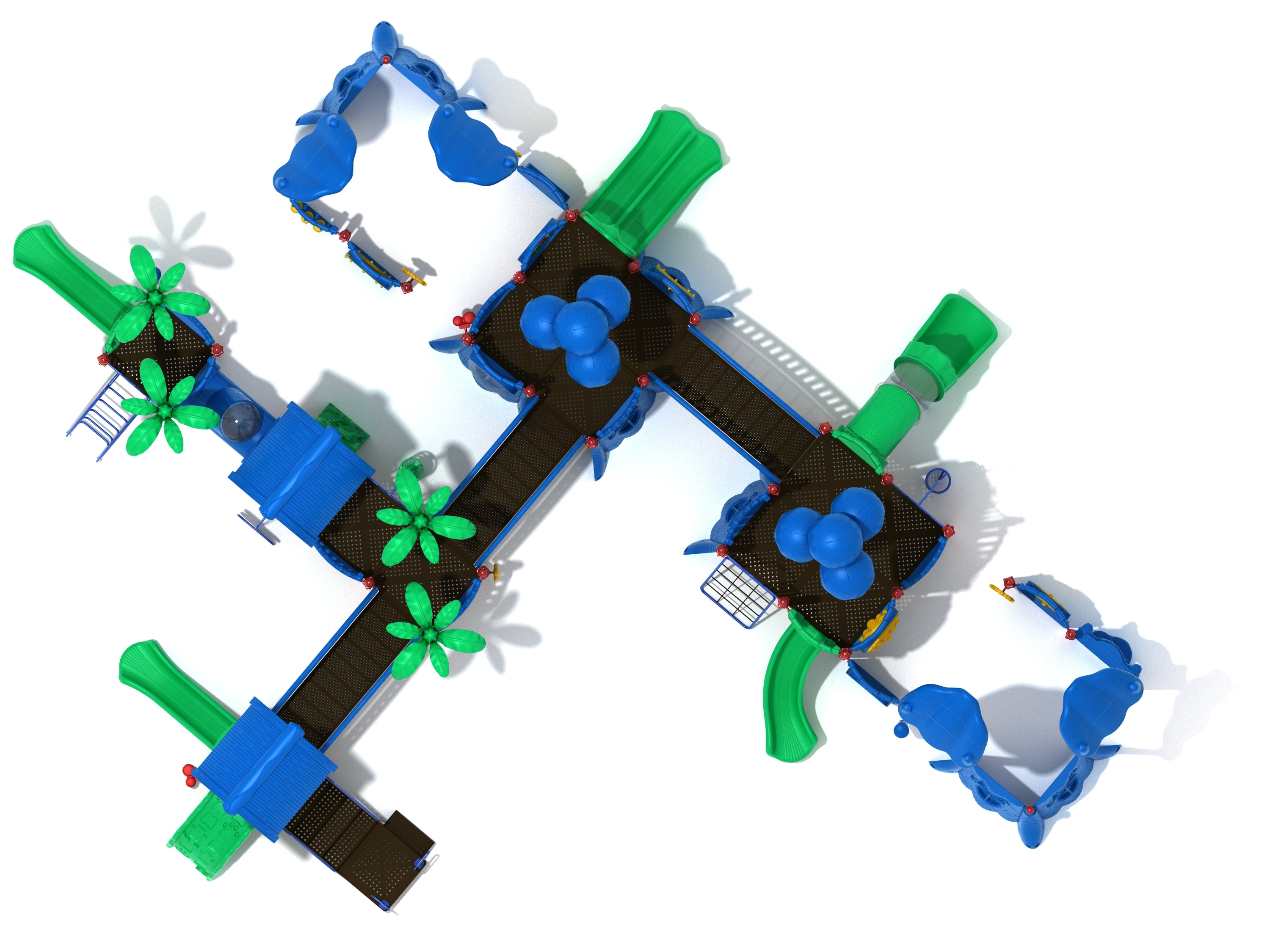 Overhead view of commercial playground with blue-green decks, tube and curved slides, arch bridges, and climbers