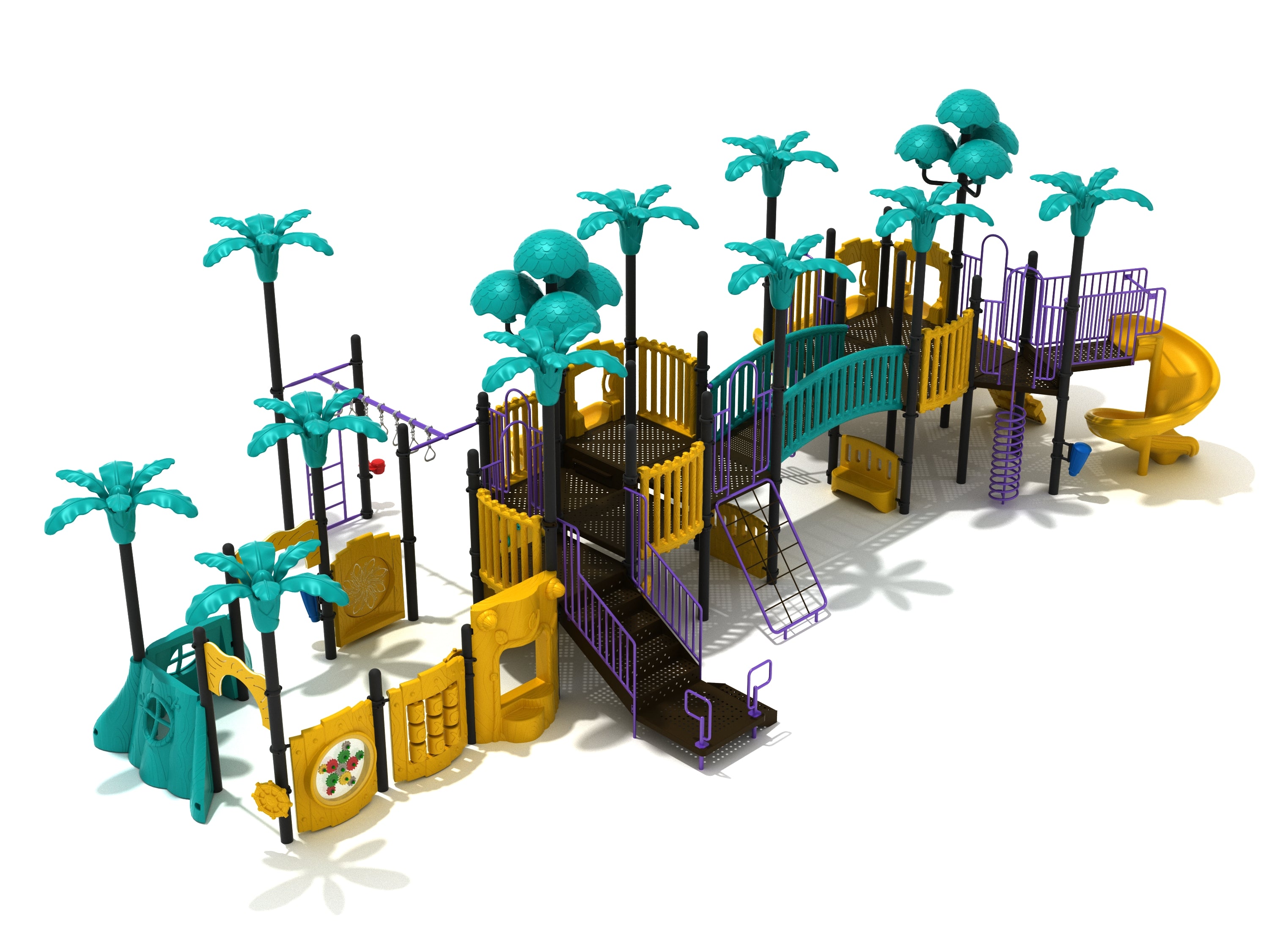Colorful playground structure with multiple slides, climbers, activity panels, and palm tree canopies