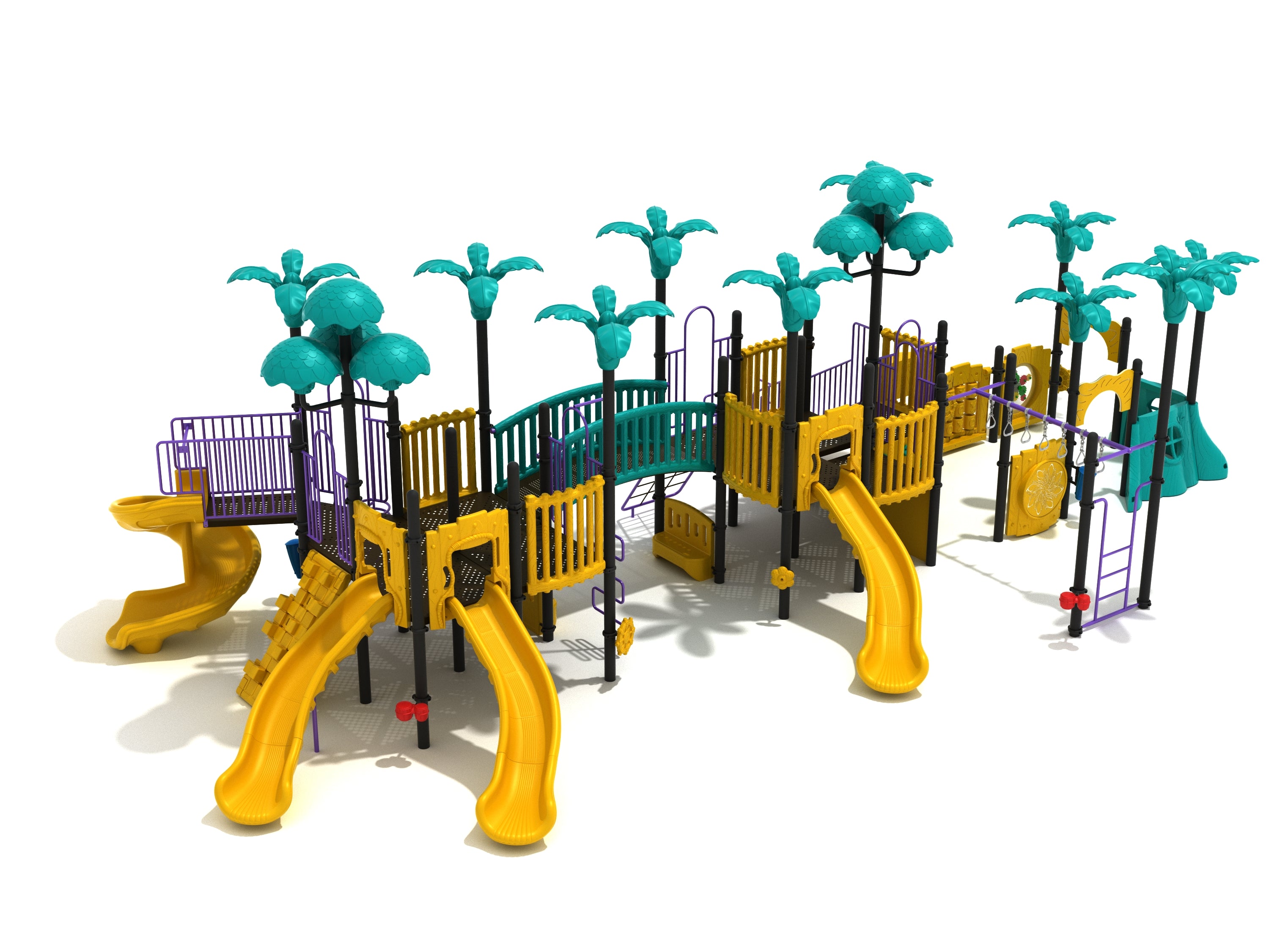 Colorful playground structure with multiple yellow slides, climbing elements, bridges, and palm tree-shaped canopies
