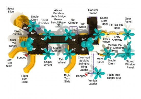 Overhead view of a large playground with multiple slides, climbers, musical instruments, and flower- and leaf-shaped activity panels