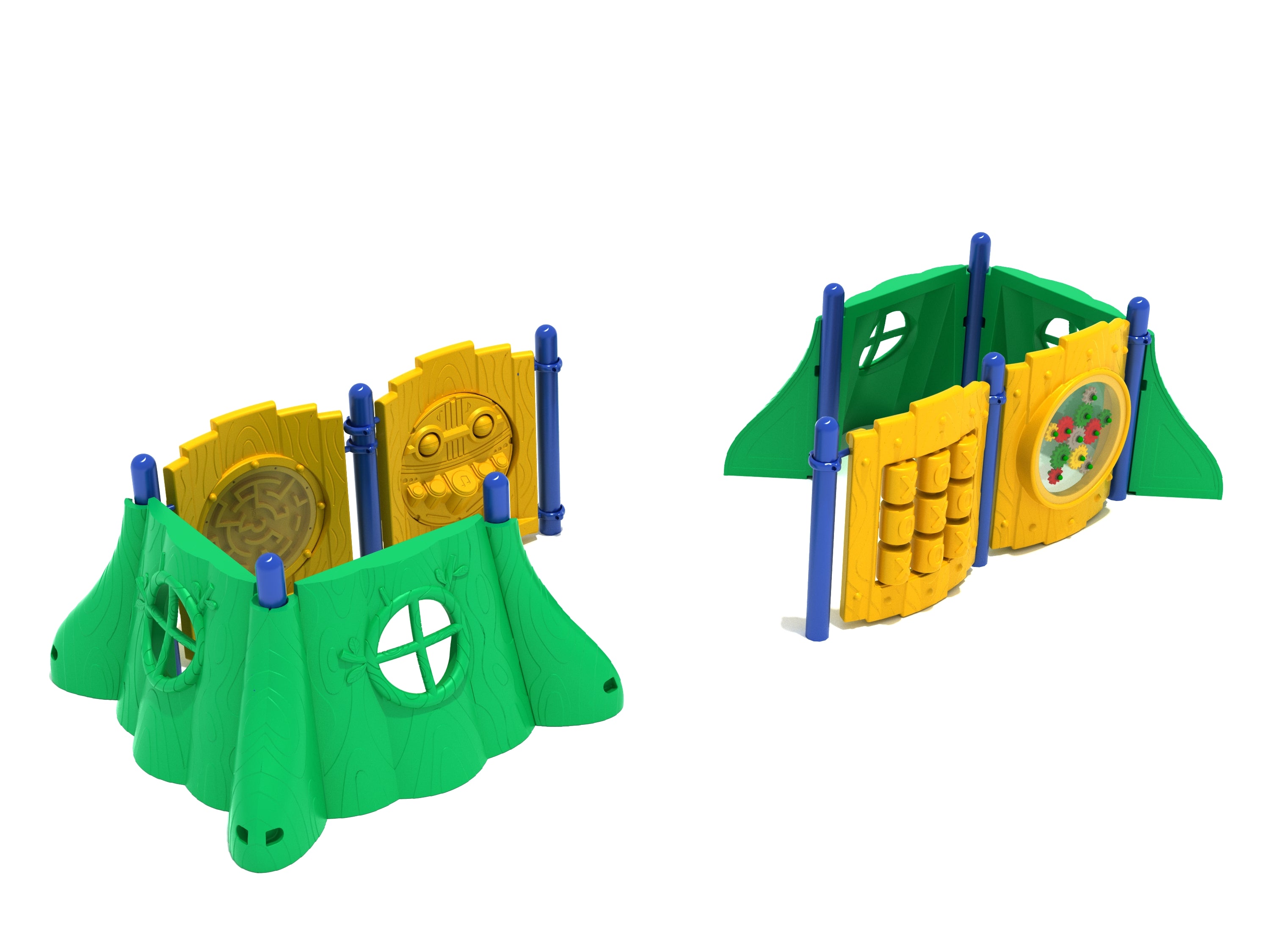 Colorful playground panels with green stump-shaped walls, yellow gear, ball maze, percussion, and tic-tac-toe activity panels supported by blue posts
