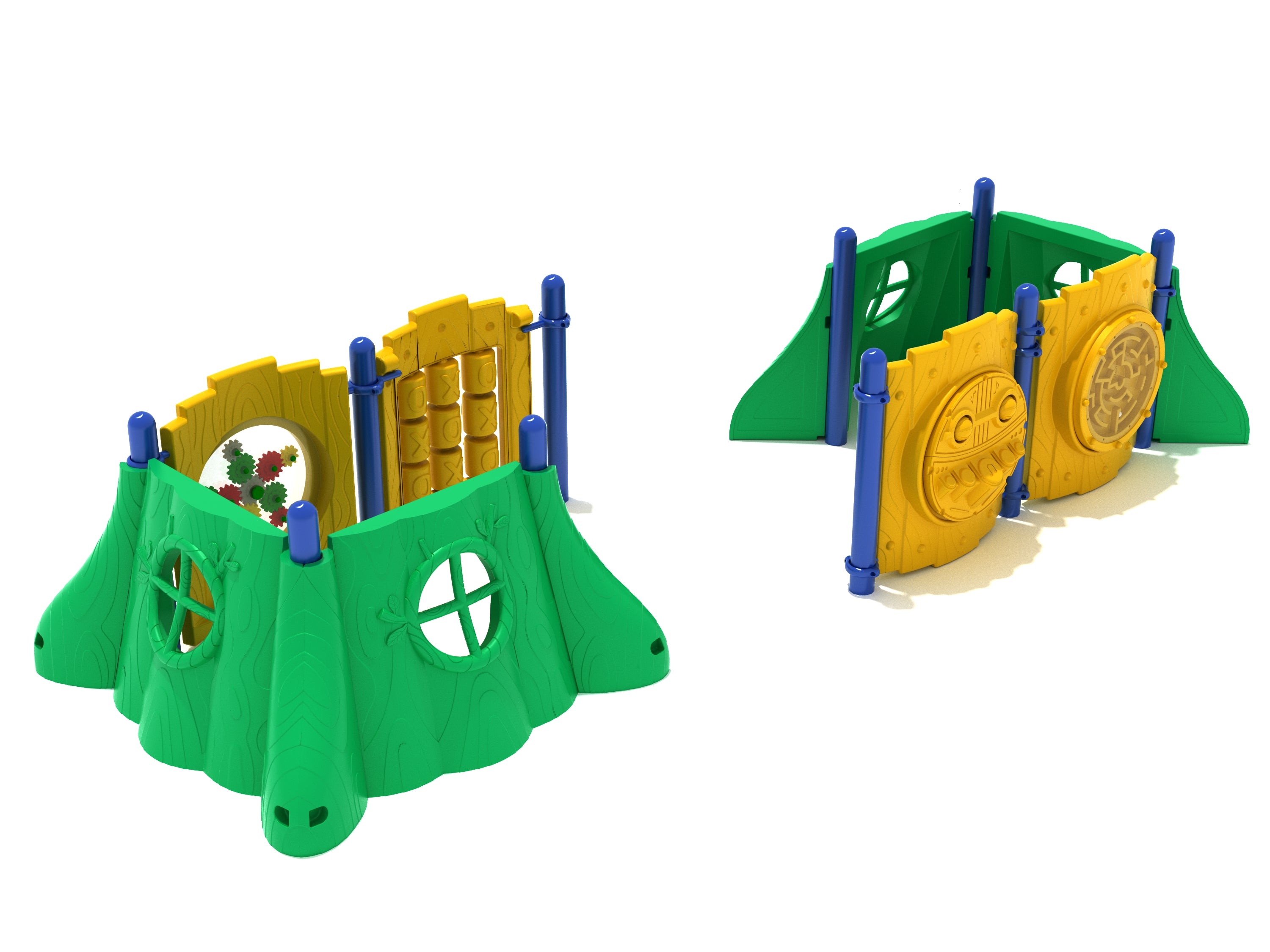 Henry Hornbill Playground with green stump window panels, yellow gear panel, ball maze, percussion, and tic-tac-toe panels for interactive play and mental stimulation