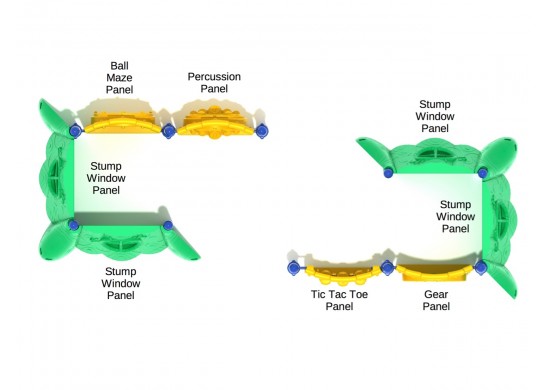 Overhead view of modular playground with green stump window panels and yellow activity panels featuring ball maze, percussion, tic-tac-toe, and gear elements