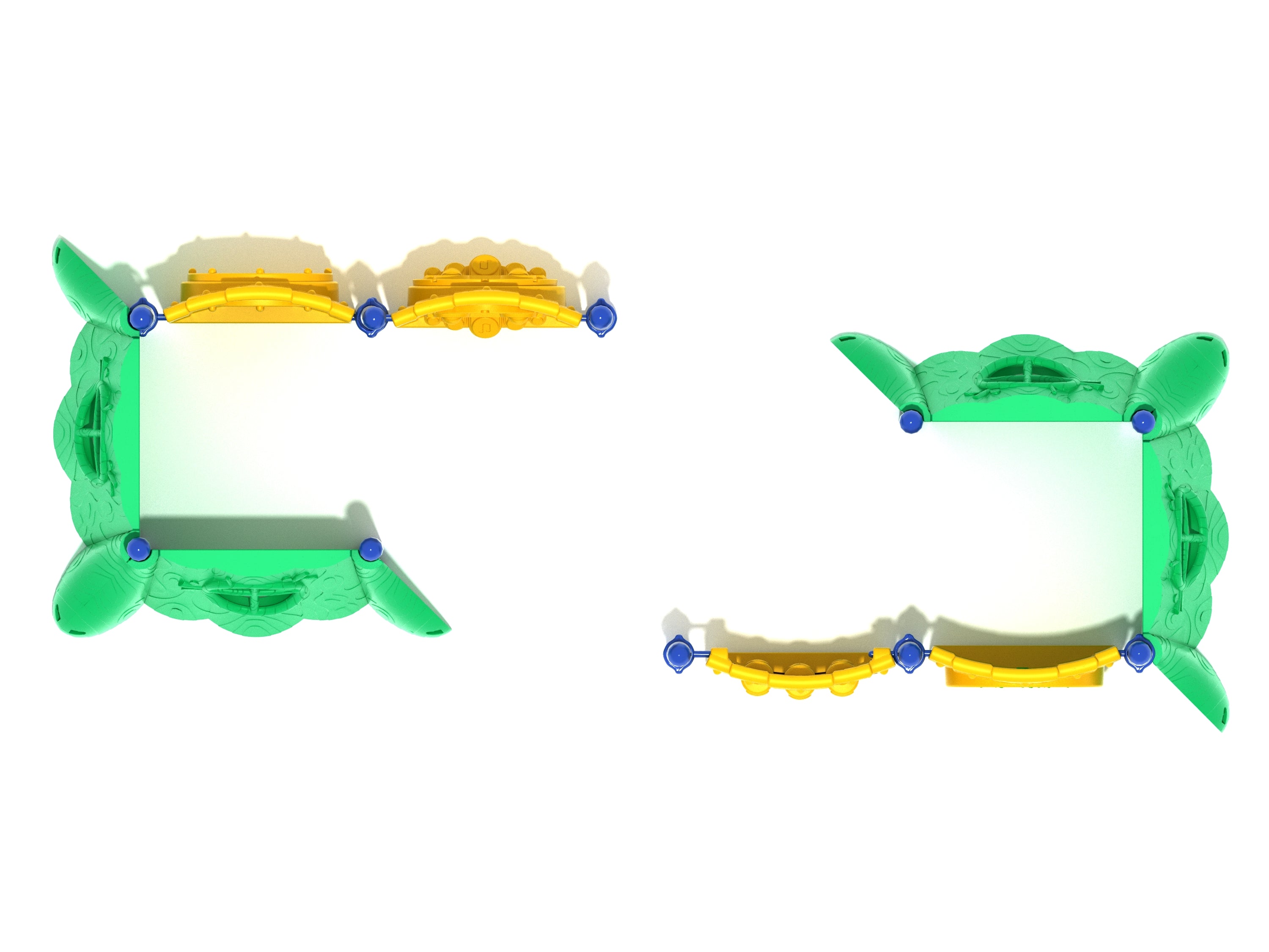 Overhead view of colorful playground structure with green panels and yellow interactive activity panels including gear, ball maze, percussion, and tic-tac-toe features.