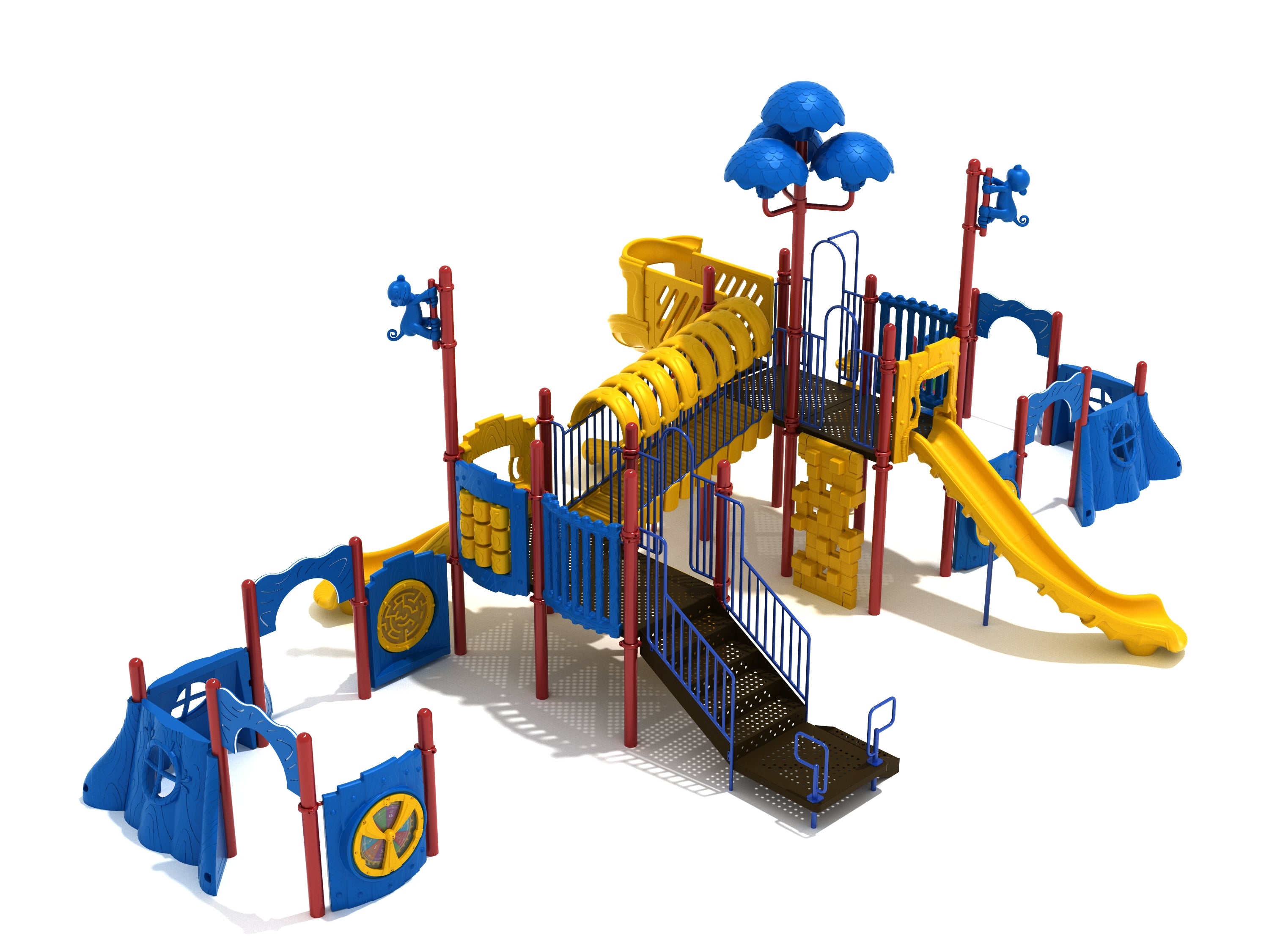 Lounging Leopard Playground with yellow slides, blue activity panels, red poles, monkey toppers, and jungle-themed play structures