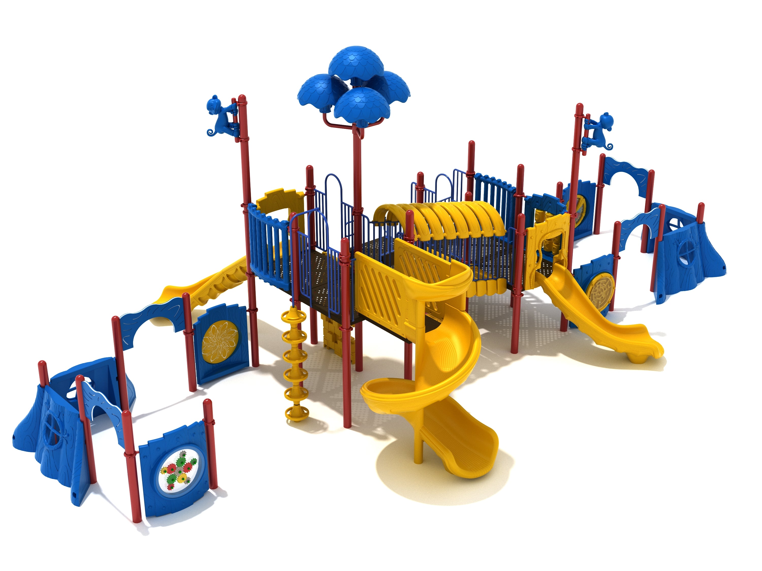 Colorful jungle-themed playground with yellow slides, blue activity panels, red poles, and monkey-shaped toppers.