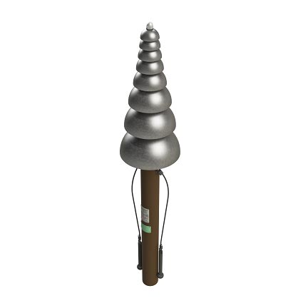 Stacked rounded metal bells mounted on a brown steel post, outdoor musical instrument from a sculptural park collection