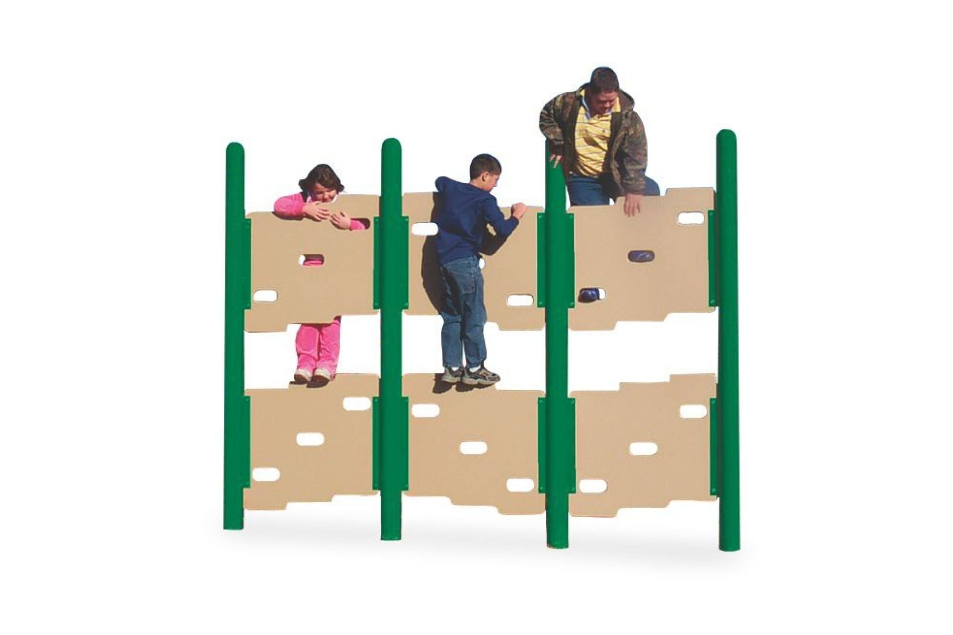 Parallel Climber outdoor climbing equipment with green posts, beige panels, children climbing for fitness and play
