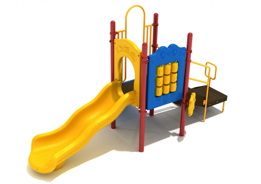 Compact playground structure with yellow wavy slide, interactive tic-tac-toe panel, and ship's wheel on red and blue frame