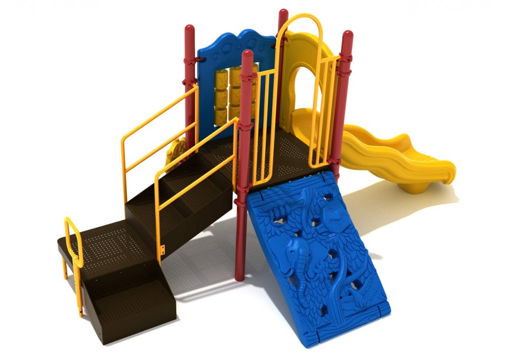 Compact playground structure with yellow wavy slide, blue animal-themed climbing wall, interactive tic-tac-toe panel, and ship's wheel.