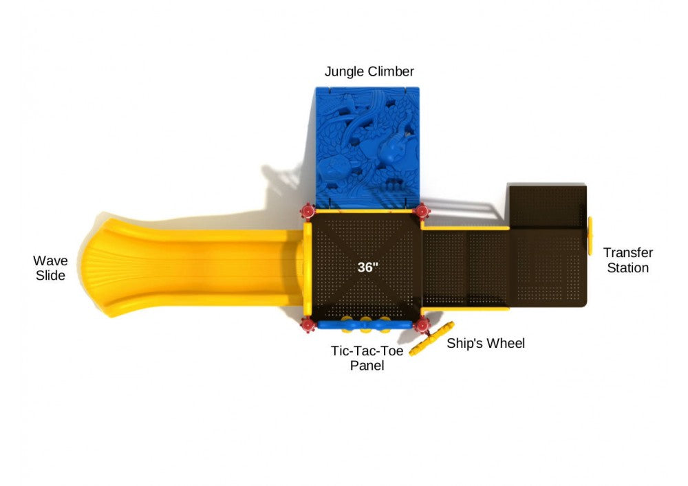 Overhead view of compact playground with blue jungle climber, yellow wave slide, tic-tac-toe panel, ship's wheel, and transfer station