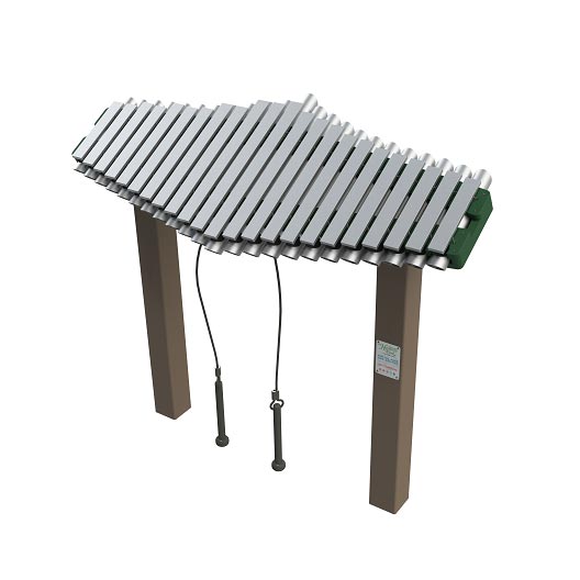 Pegasus Outdoor Musical Park Instrument with 23 silver anodized aluminum bars and two hanging mallets on brown supports