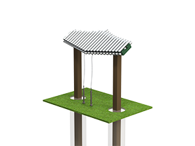 Outdoor metallophone with 23 silver and green anodized aluminum bars mounted on wooden posts over grass