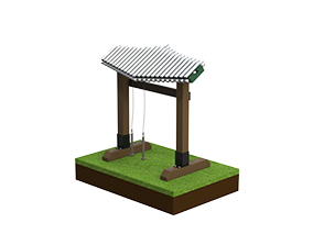 Outdoor metallophone with 23 silver and green anodized aluminum bars mounted on wooden posts over grass