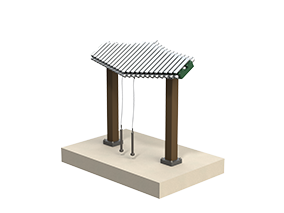 Outdoor metallophone with silver anodized aluminum bars, green accents, mounted on brown posts with mallets.