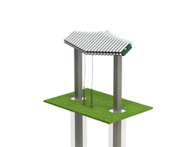 Outdoor metallophone with 23 anodized aluminum bars in silver and green, mounted on steel posts over grass.