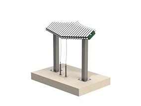 Silver and green outdoor metallophone with anodized aluminum bars mounted on steel posts on a concrete base