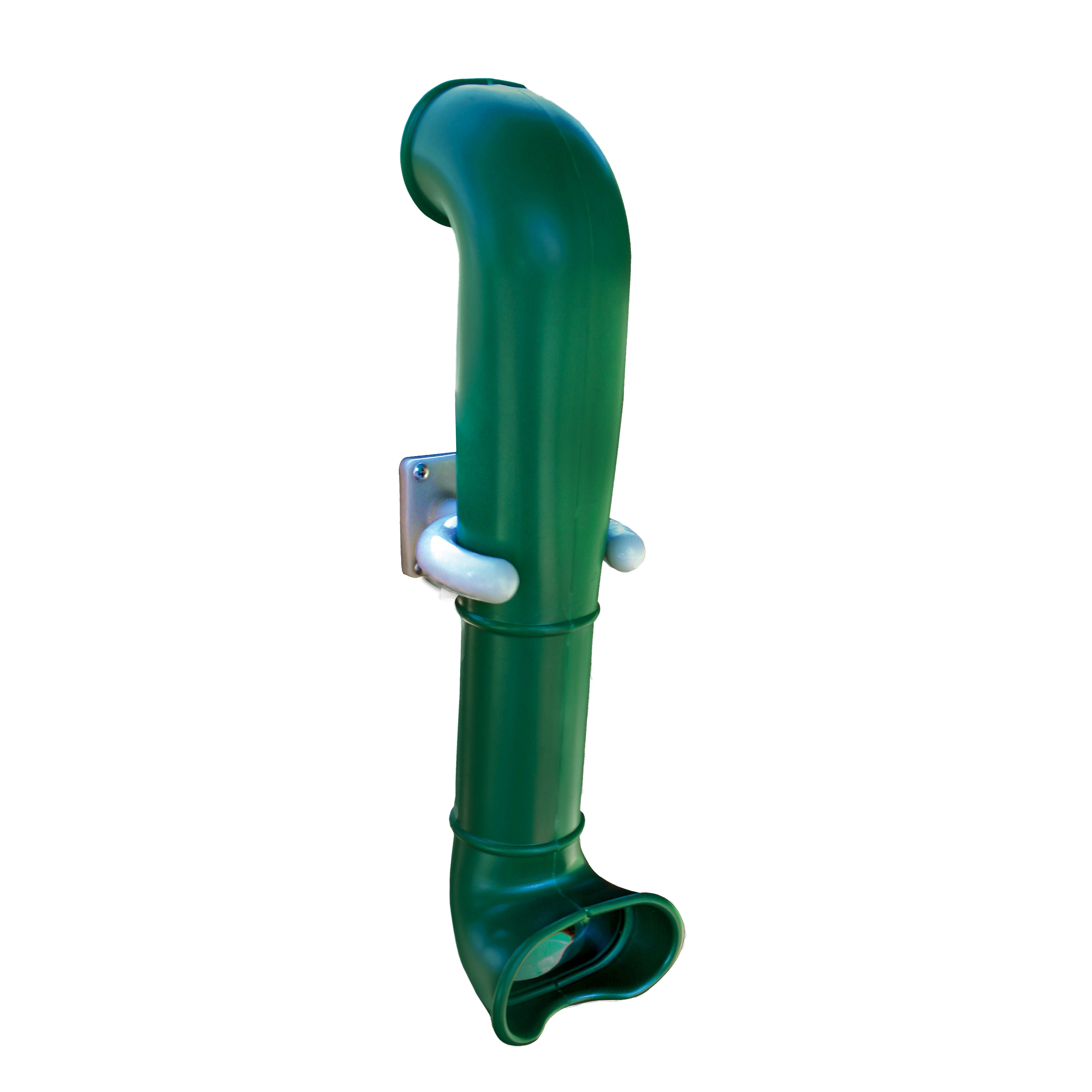 Green polyethylene periscope with clear lens and mirror mounted on white bracket for swing set accessory