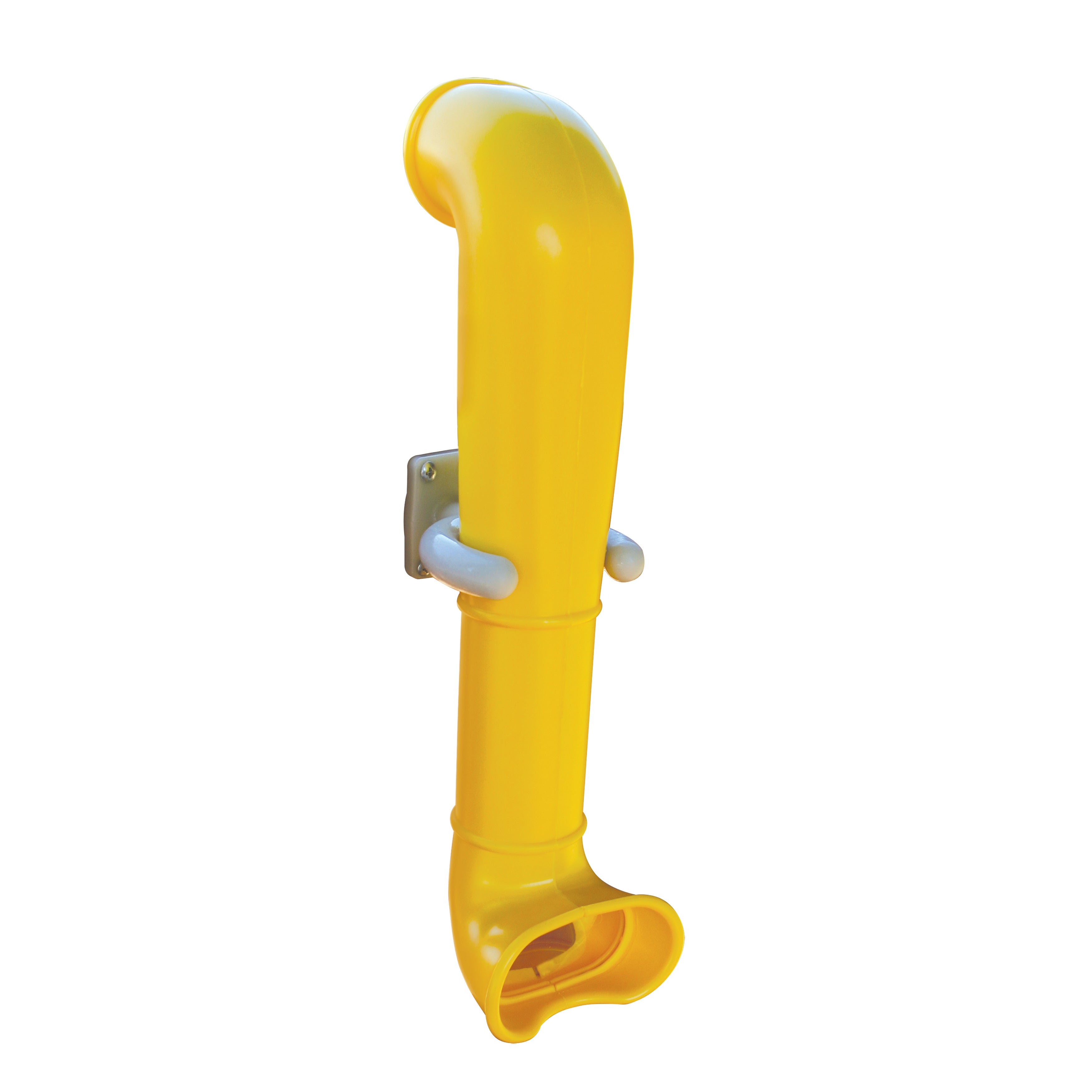Bright yellow plastic periscope with clear lens and mirror, gray handles, designed as a swing set accessory