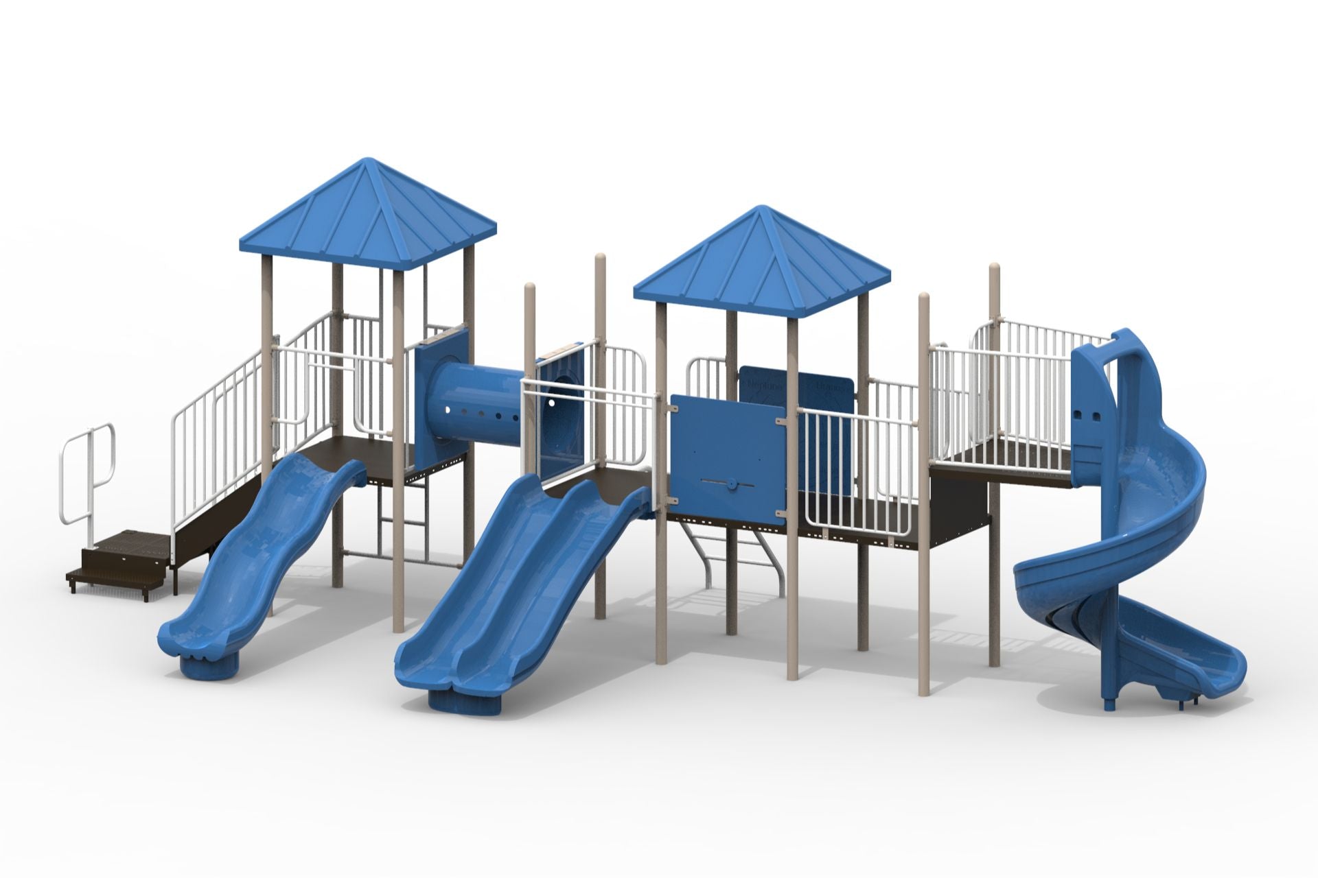 Blue and beige playground structure with multiple slides, crawl tunnel, climbing elements, two pyramid roofs, and decks