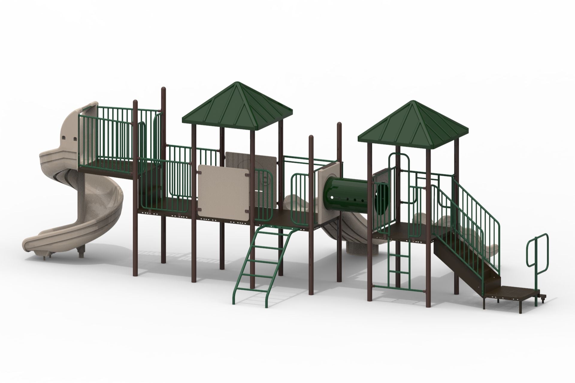 Outdoor playground with green metal railings, beige slides, crawl tunnel, pyramid roofs, and climbing structures